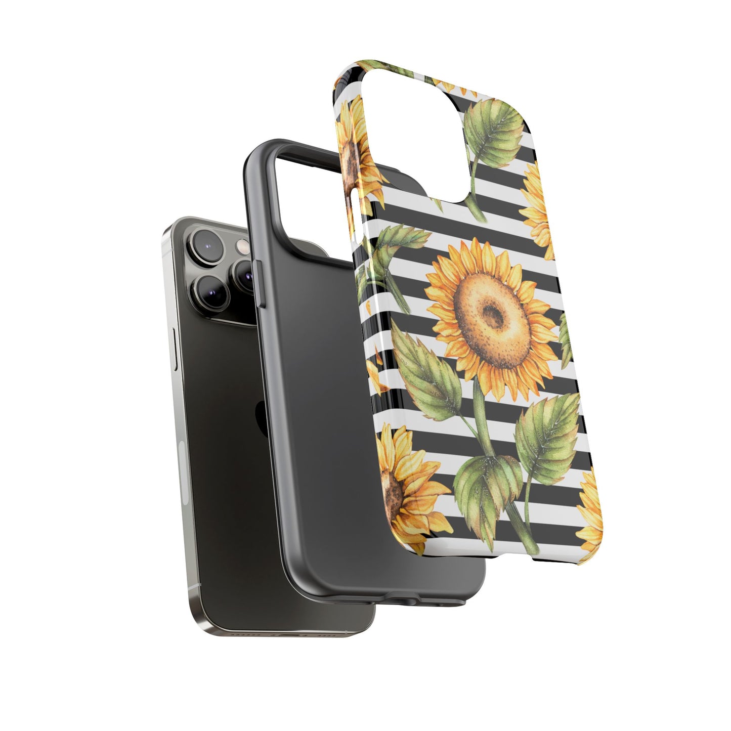 Sunflower Tough Phone Case - Bold Yellow Floral Art, Black and White Striped Aesthetic, Compatible with iPhone, Galaxy, and Google Phones