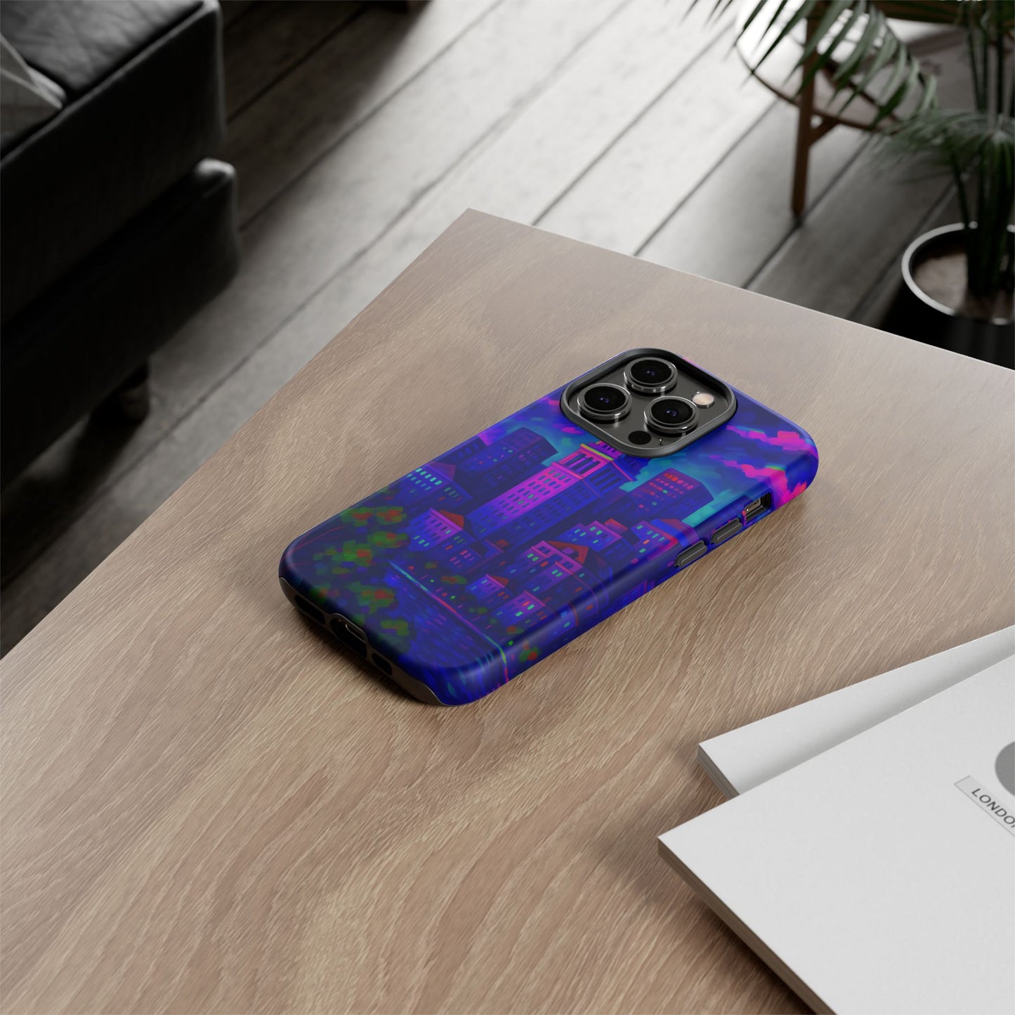 Boston Cityscape Tough Phone Case, Neon Night Skyline, Sunset Tower View Watercolor Urban Art, Compatible with iPhone, Galaxy, Google Phones