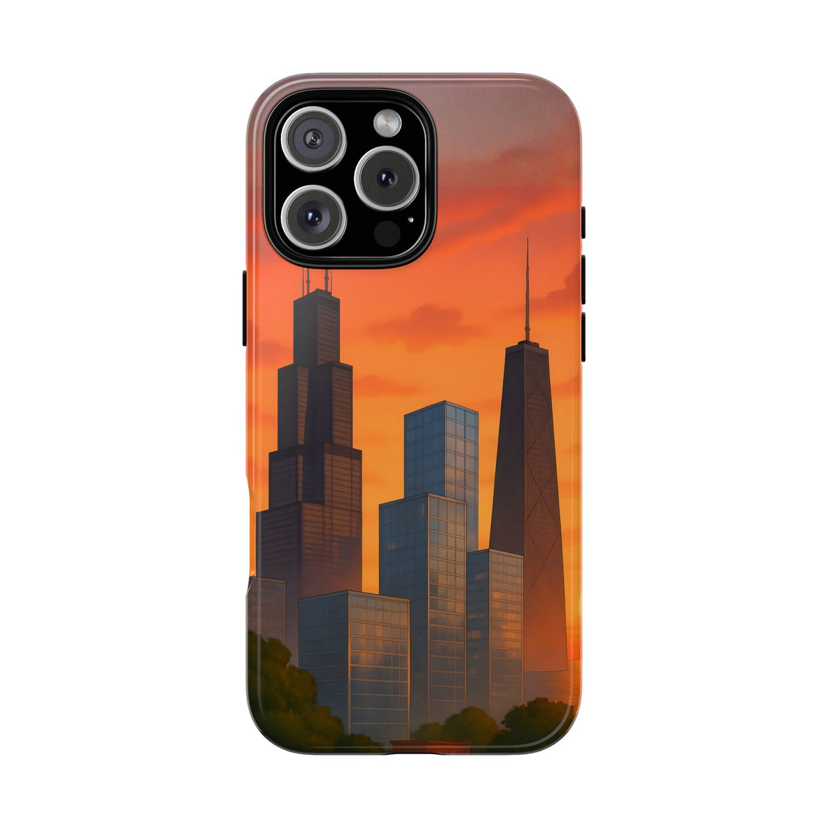 Cityscape Tough Phone Case, Chicago Skyline Phone Cover, Watercolor Design Compatible with iPhone, Galaxy & Google