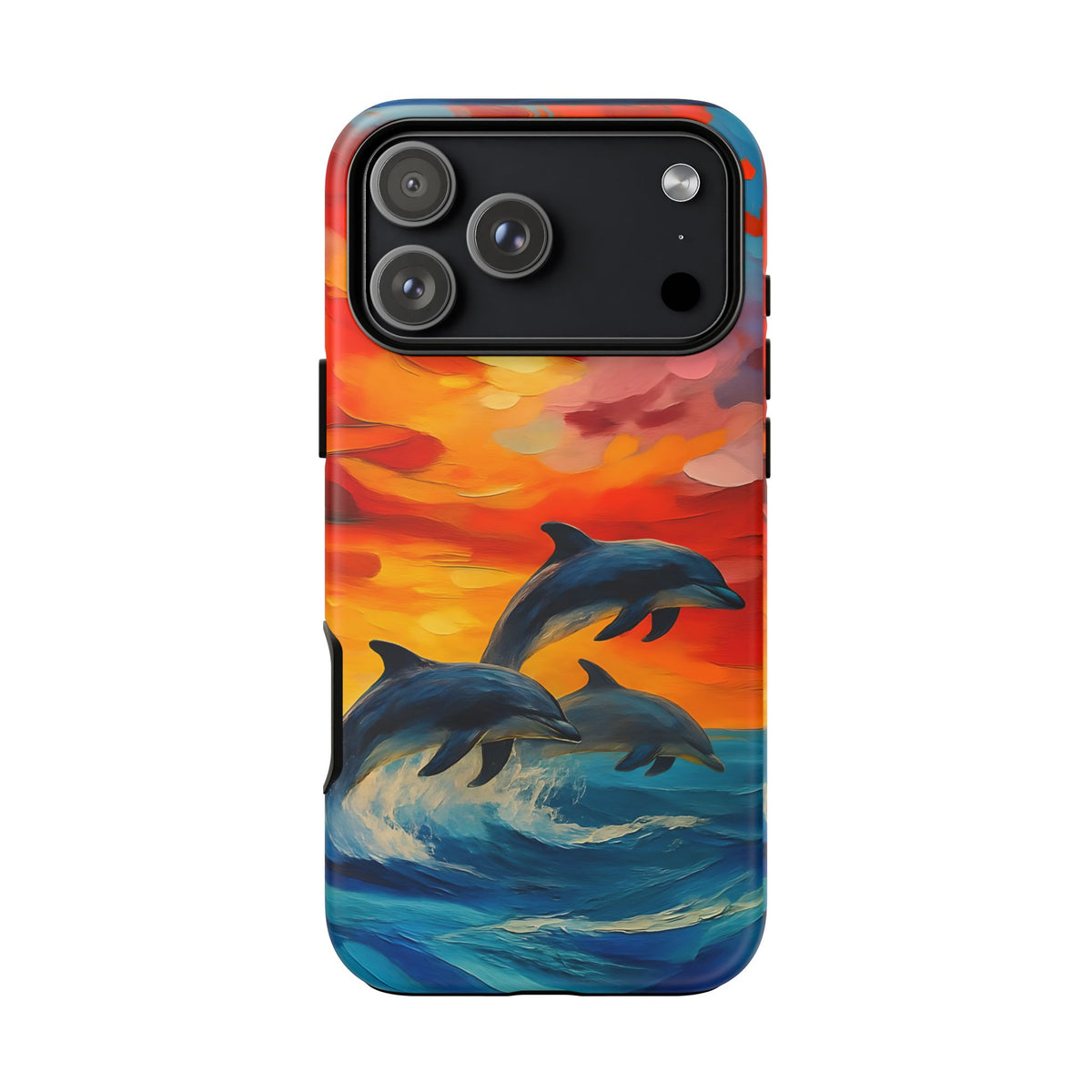 Ocean Scenery Tough Phone Case, Dolphin Phone Cover, Oil Painting, Sunset Sea Life Compatible with iPhone, Galaxy, Google