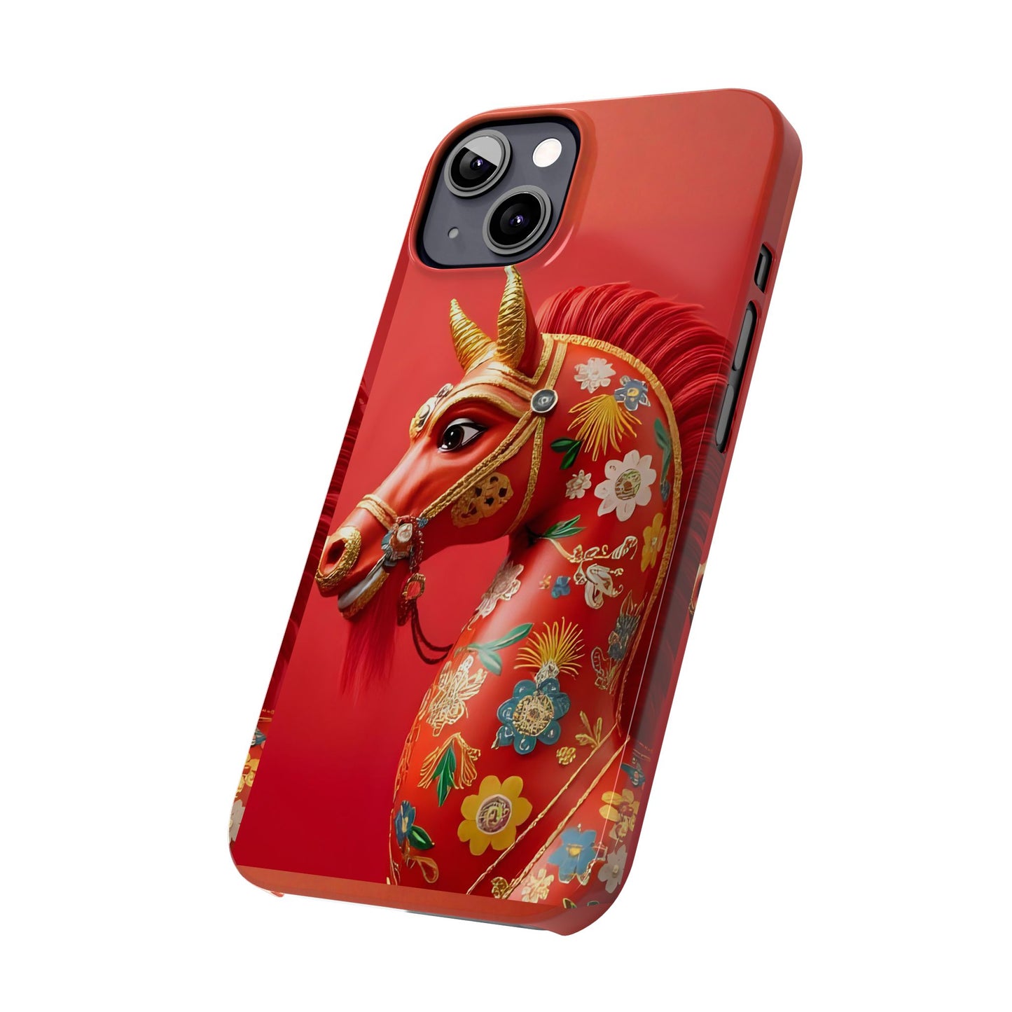 Year of the Horse Floral Art Slim Phone Case, Chinese Zodiac 2026 Design, compatible with iPhone 17 16 15 14 13 12 11