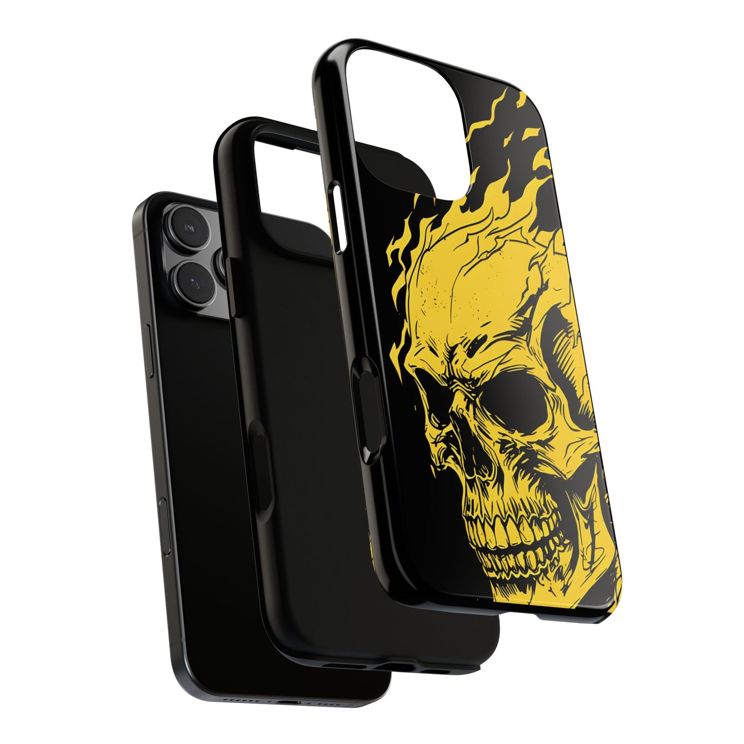 Flaming Skull Tough Phone Case - Gothic Halloween Aesthetic, Creepy Yellow Horror Art, Compatible with iPhone, Galaxy, and Google Phones