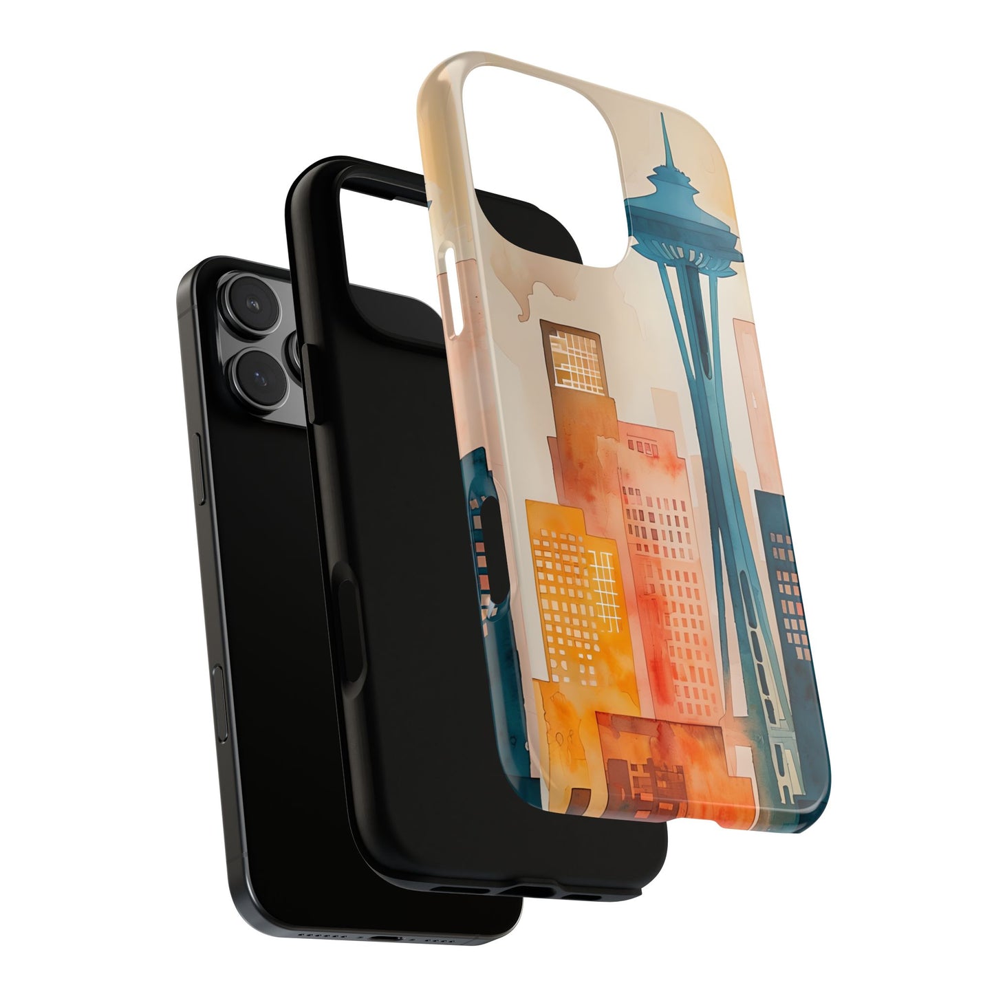 Cityscape Tough Phone Case, Seattle Skyline Phone Cover, Watercolor Art Design, Compatible with iPhone, Galaxy & Google