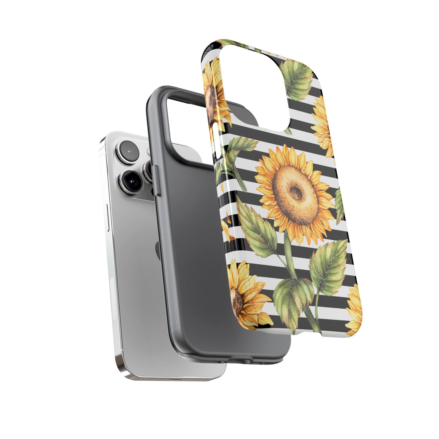 Sunflower Tough Phone Case - Bold Yellow Floral Art, Black and White Striped Aesthetic, Compatible with iPhone, Galaxy, and Google Phones
