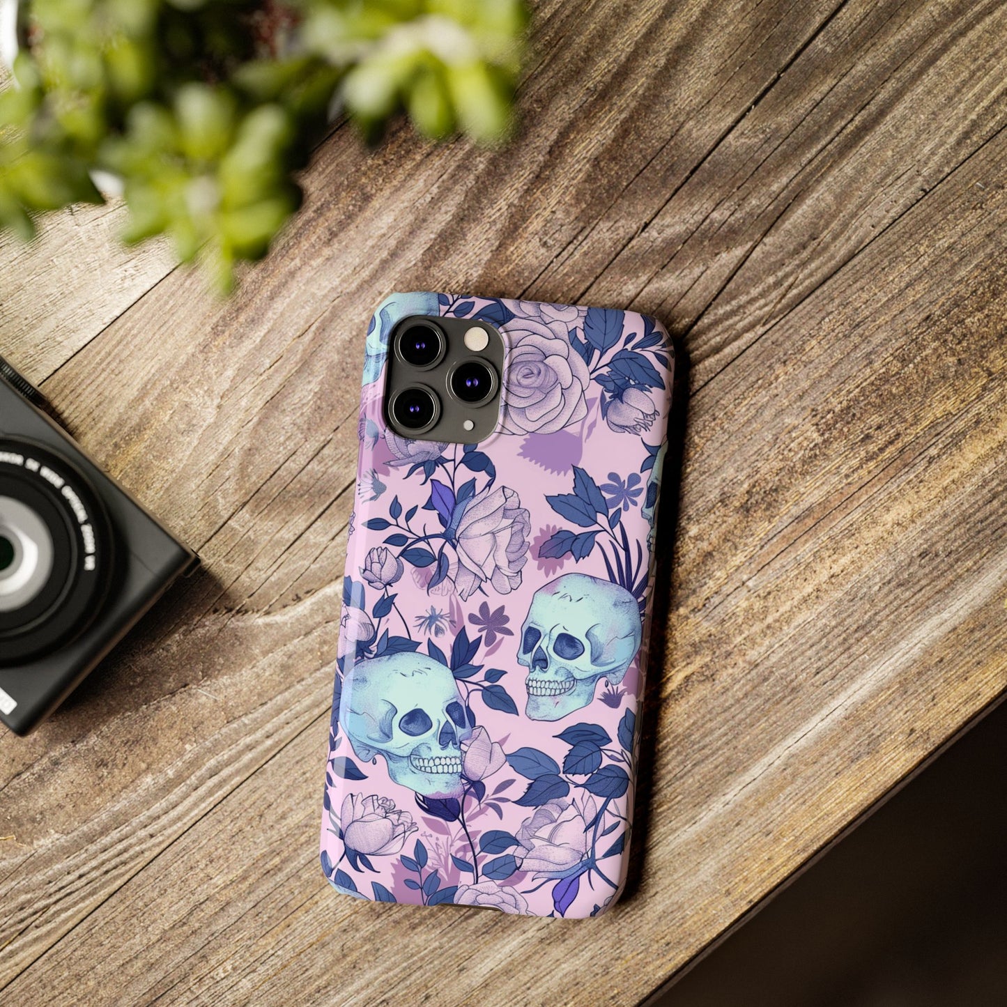 Floral Skull Slim Phone Case - Aesthetic, Trendy, Gift for Goth Lovers, Unique Phone Accessories, Floral Print, Halloween Decor