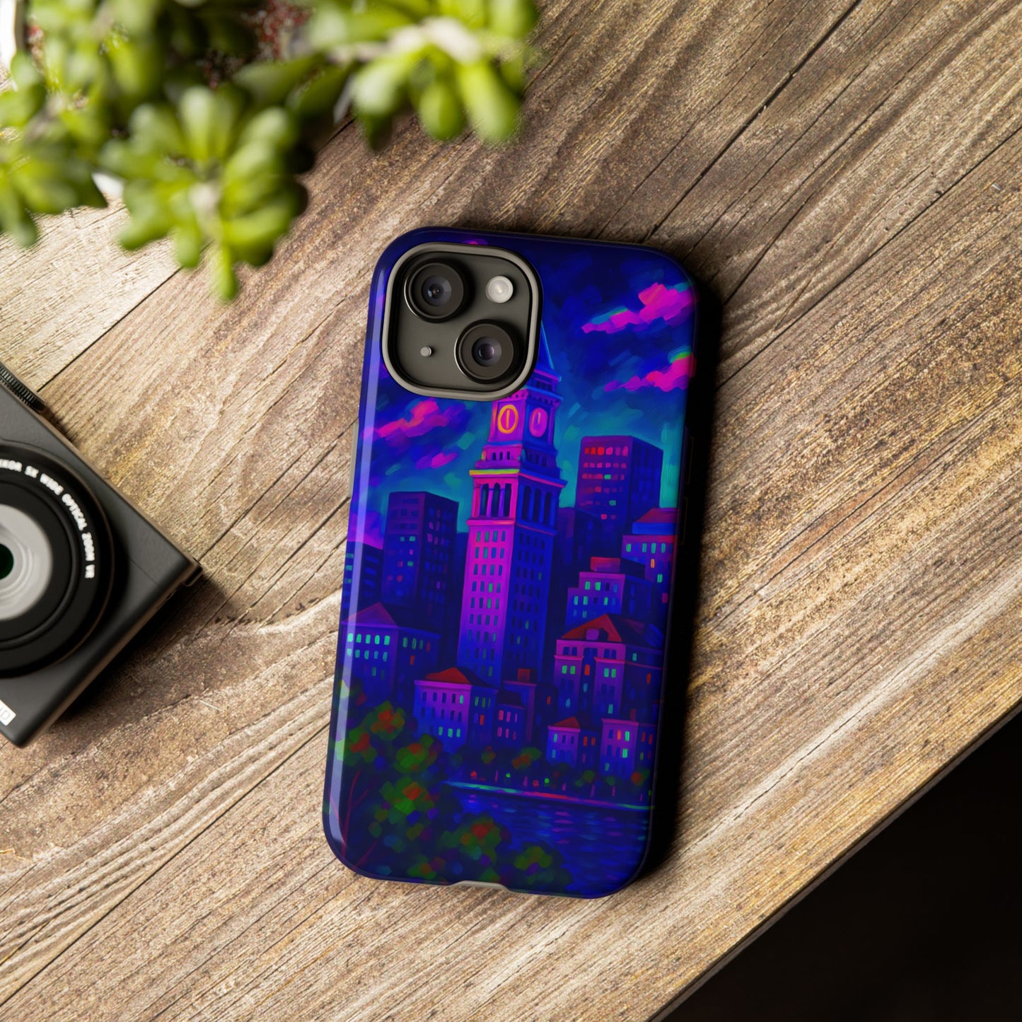 Boston Cityscape Tough Phone Case, Neon Night Skyline, Sunset Tower View Watercolor Urban Art, Compatible with iPhone, Galaxy, Google Phones