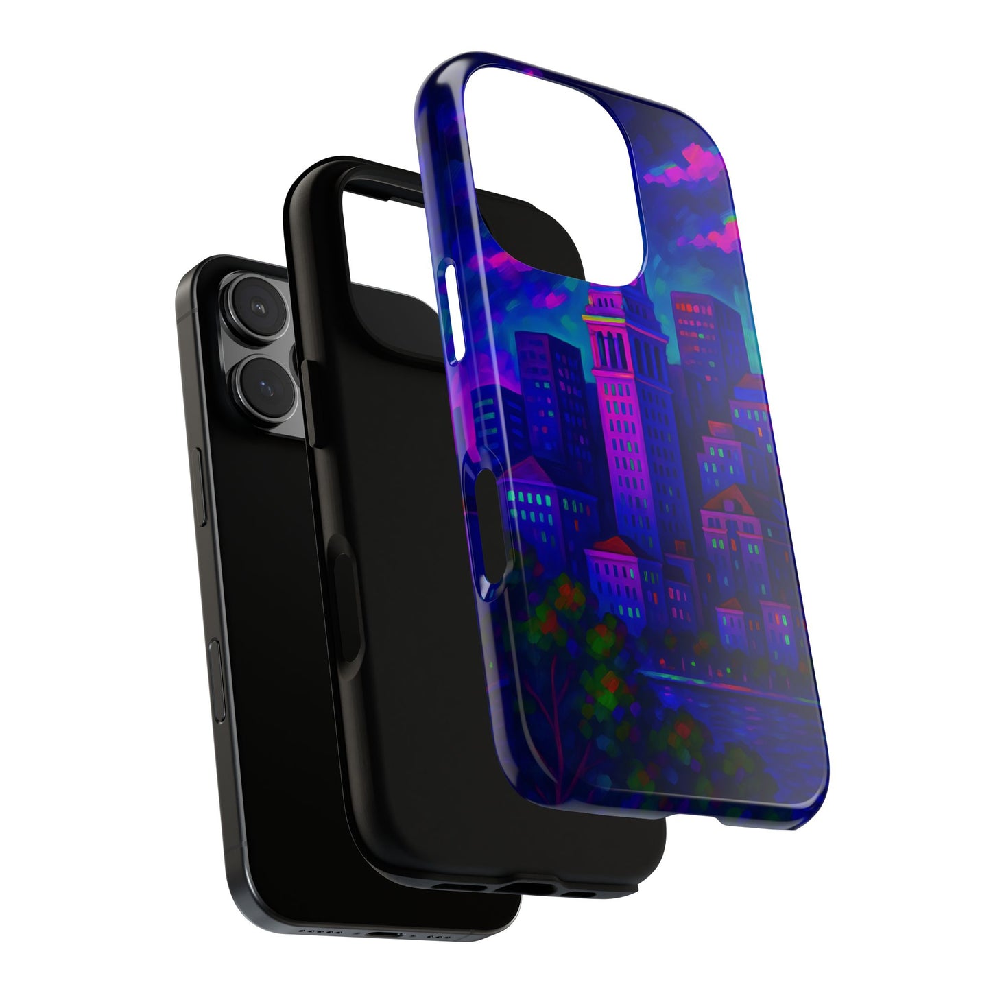 Boston Cityscape Tough Phone Case, Neon Night Skyline, Sunset Tower View Watercolor Urban Art, Compatible with iPhone, Galaxy, Google Phones