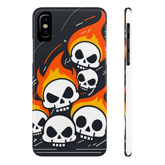 Flaming Skulls Slim Phone Case, Y2K Alt Halloween Aesthetic, Creepy Cute Cartoon Style, Stylish Music Lovers, Perfect Gift for Halloween