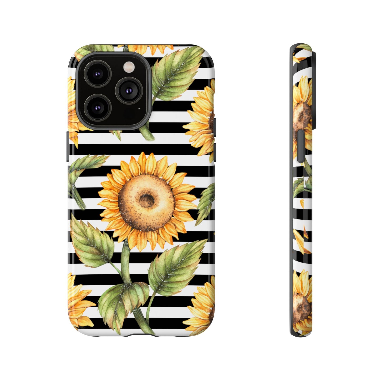 Sunflower Tough Phone Case - Bold Yellow Floral Art, Black and White Striped Aesthetic, Compatible with iPhone, Galaxy, and Google Phones