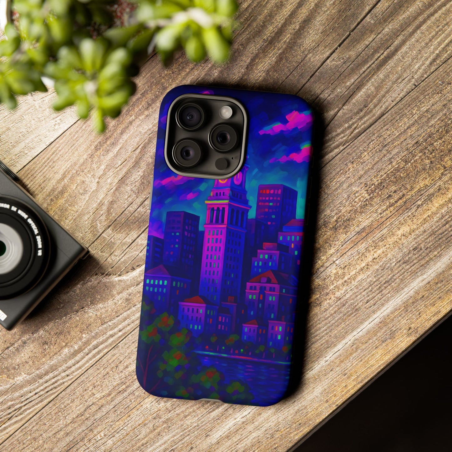 Boston Cityscape Tough Phone Case, Neon Night Skyline, Sunset Tower View Watercolor Urban Art, Compatible with iPhone, Galaxy, Google Phones