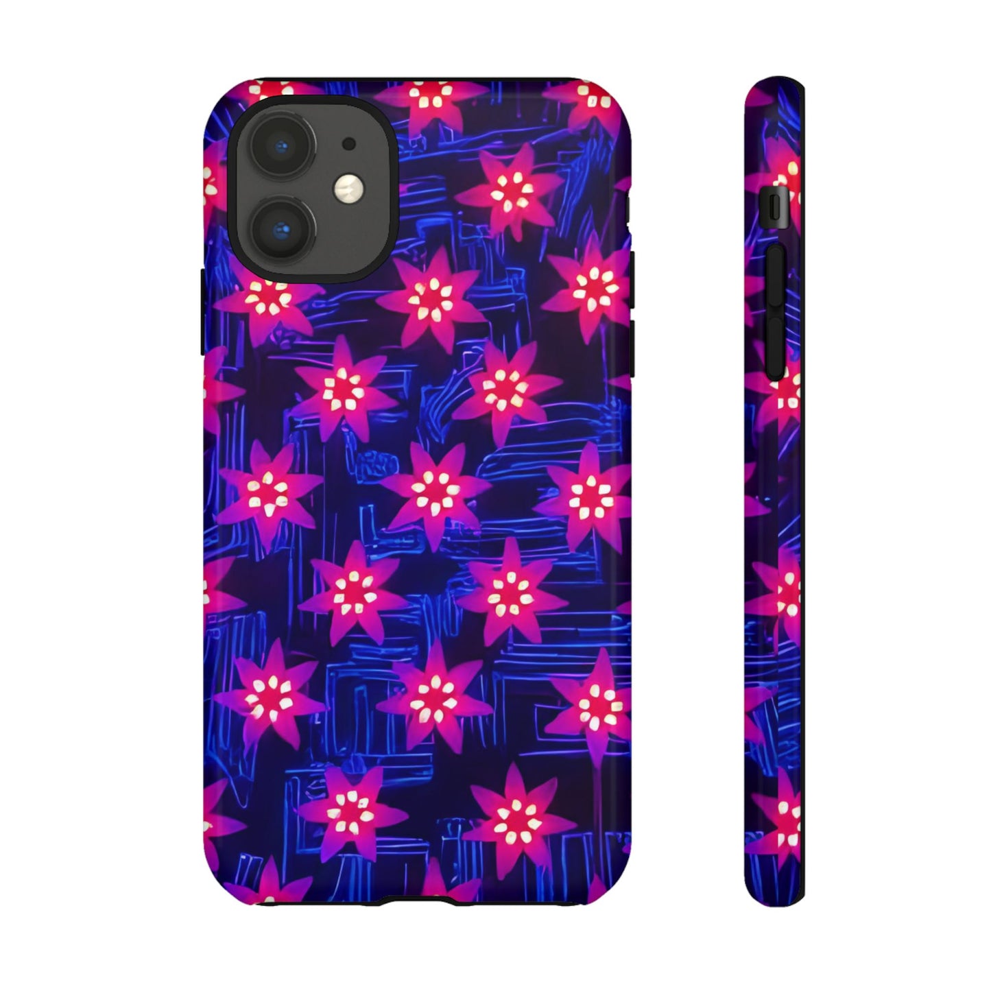 Neon Flower Tough Phone Case - Trippy Dark Floral Art, Electric Glow Aesthetic, Compatible with iPhone, Galaxy, and Google Phones