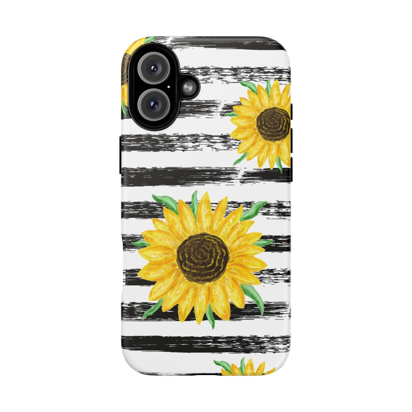 Sunflower Tough Phone Case - Bright Yellow Floral Art, Black and White Striped Aesthetic, Compatible with iPhone, Galaxy, and Google Phones
