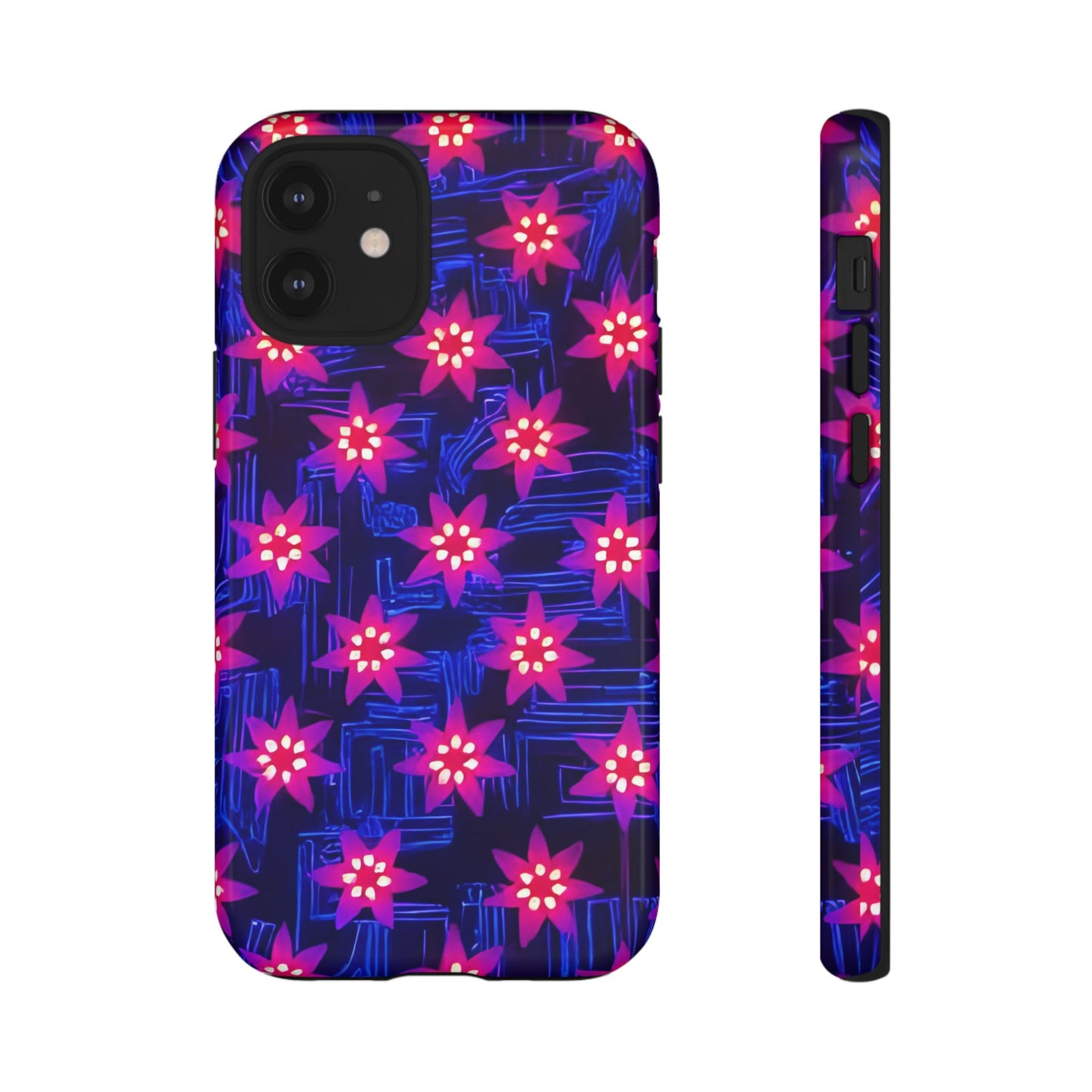 Neon Flower Tough Phone Case - Trippy Dark Floral Art, Electric Glow Aesthetic, Compatible with iPhone, Galaxy, and Google Phones