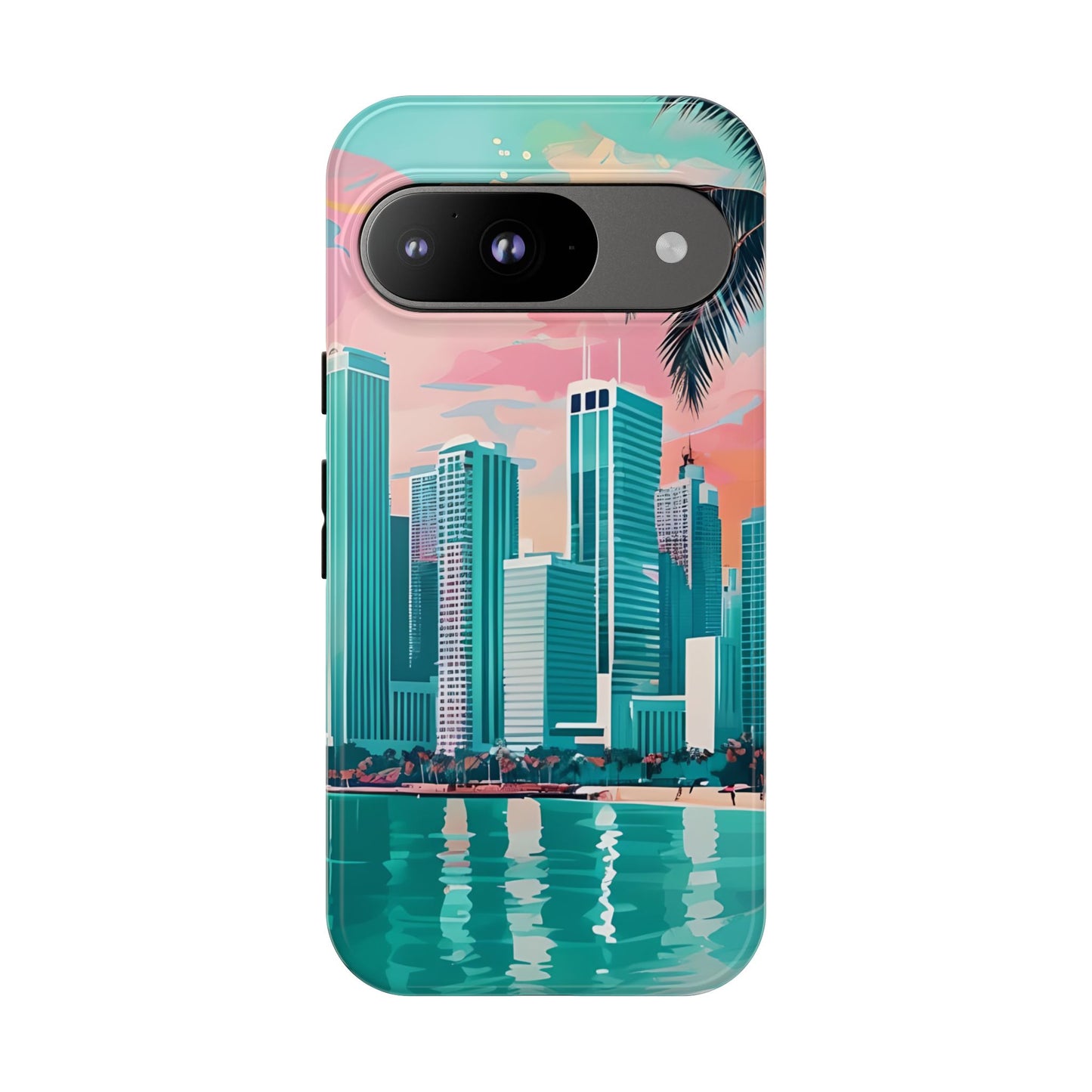 Miami Cityscape Phone Case - Tropical Skyline Tough Case, Sunset Beach Urban Art, Gift for Travelers Compatible with iPhone, Galaxy, Google