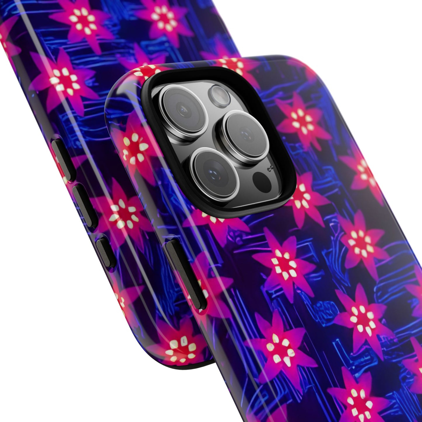 Neon Flower Tough Phone Case - Trippy Dark Floral Art, Electric Glow Aesthetic, Compatible with iPhone, Galaxy, and Google Phones