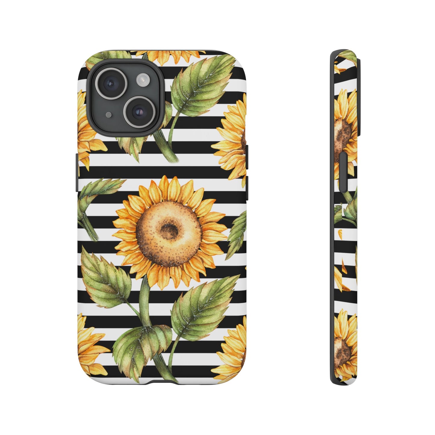 Sunflower Tough Phone Case - Bold Yellow Floral Art, Black and White Striped Aesthetic, Compatible with iPhone, Galaxy, and Google Phones