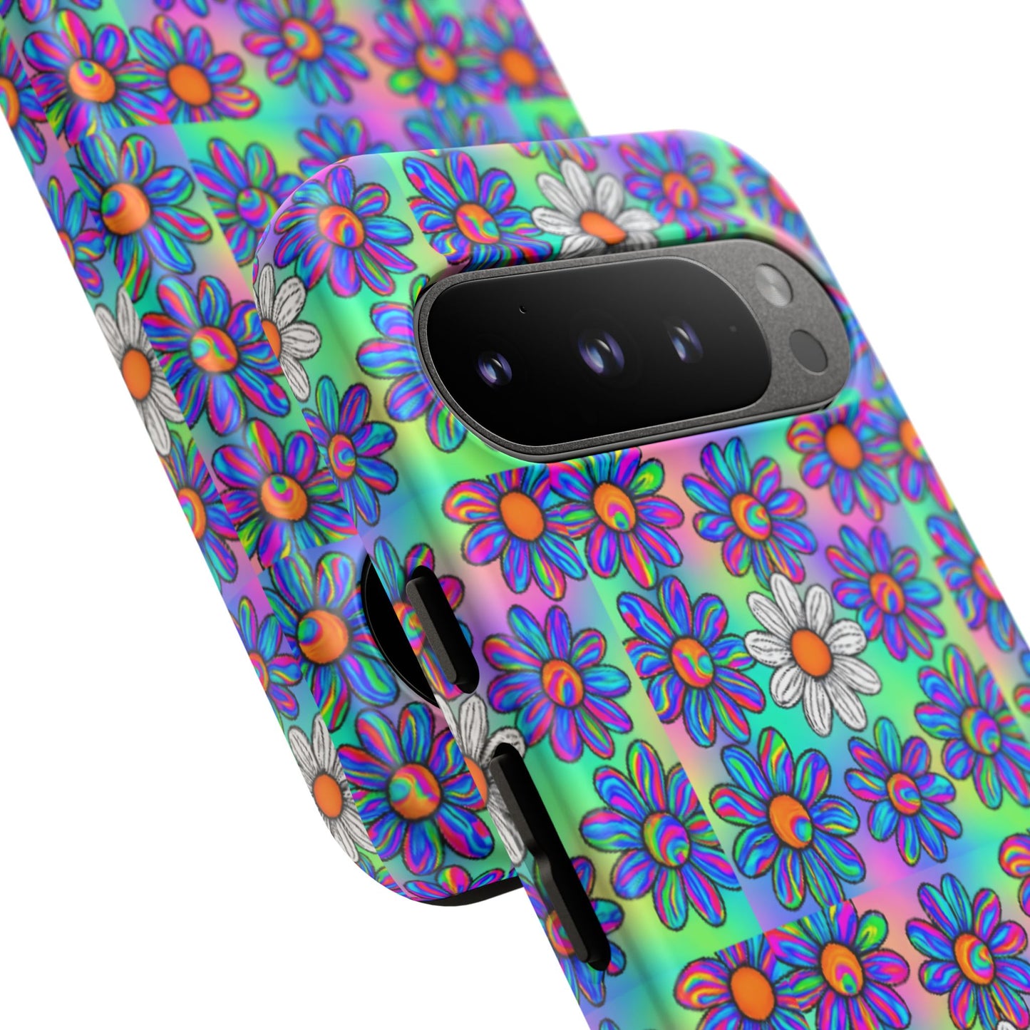 Trippy Daisy Tough Phone Case - Psychedelic Floral Aesthetic, Colorful Groovy Design, Compatible with iPhone, Galaxy, and Google Phones
