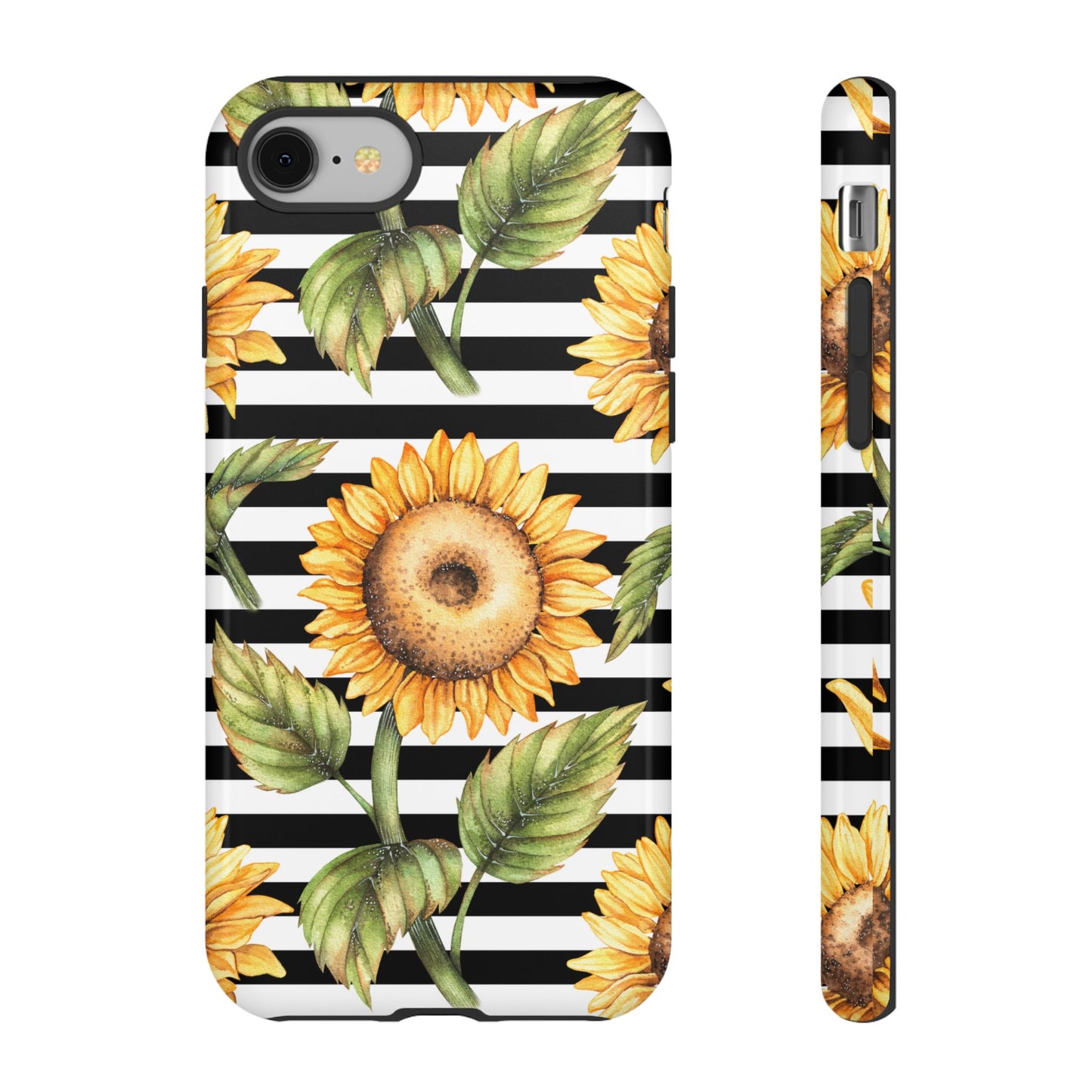 Sunflower Tough Phone Case - Bold Yellow Floral Art, Black and White Striped Aesthetic, Compatible with iPhone, Galaxy, and Google Phones