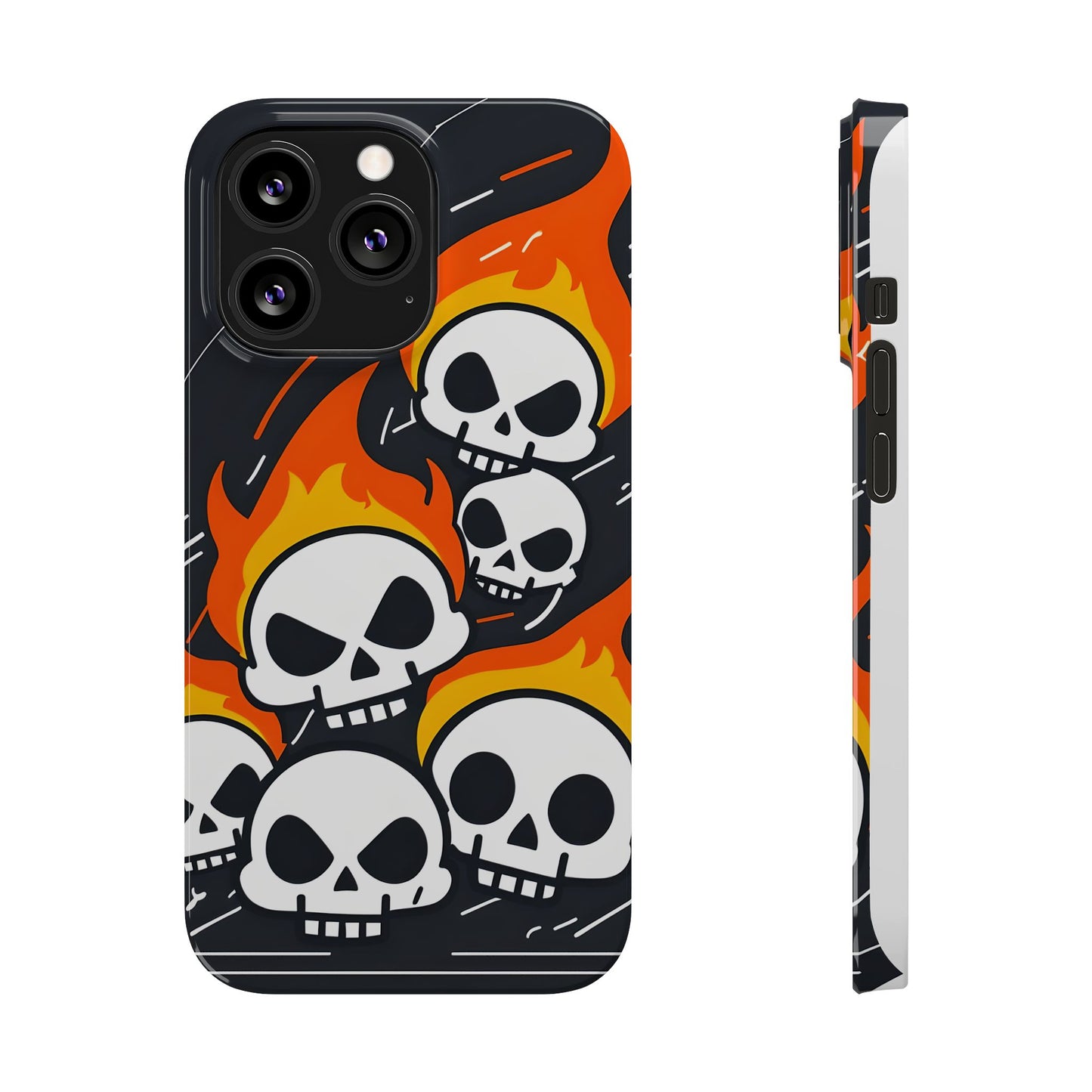 Flaming Skulls Slim Phone Case, Y2K Alt Halloween Aesthetic, Creepy Cute Cartoon Style, Stylish Music Lovers, Perfect Gift for Halloween