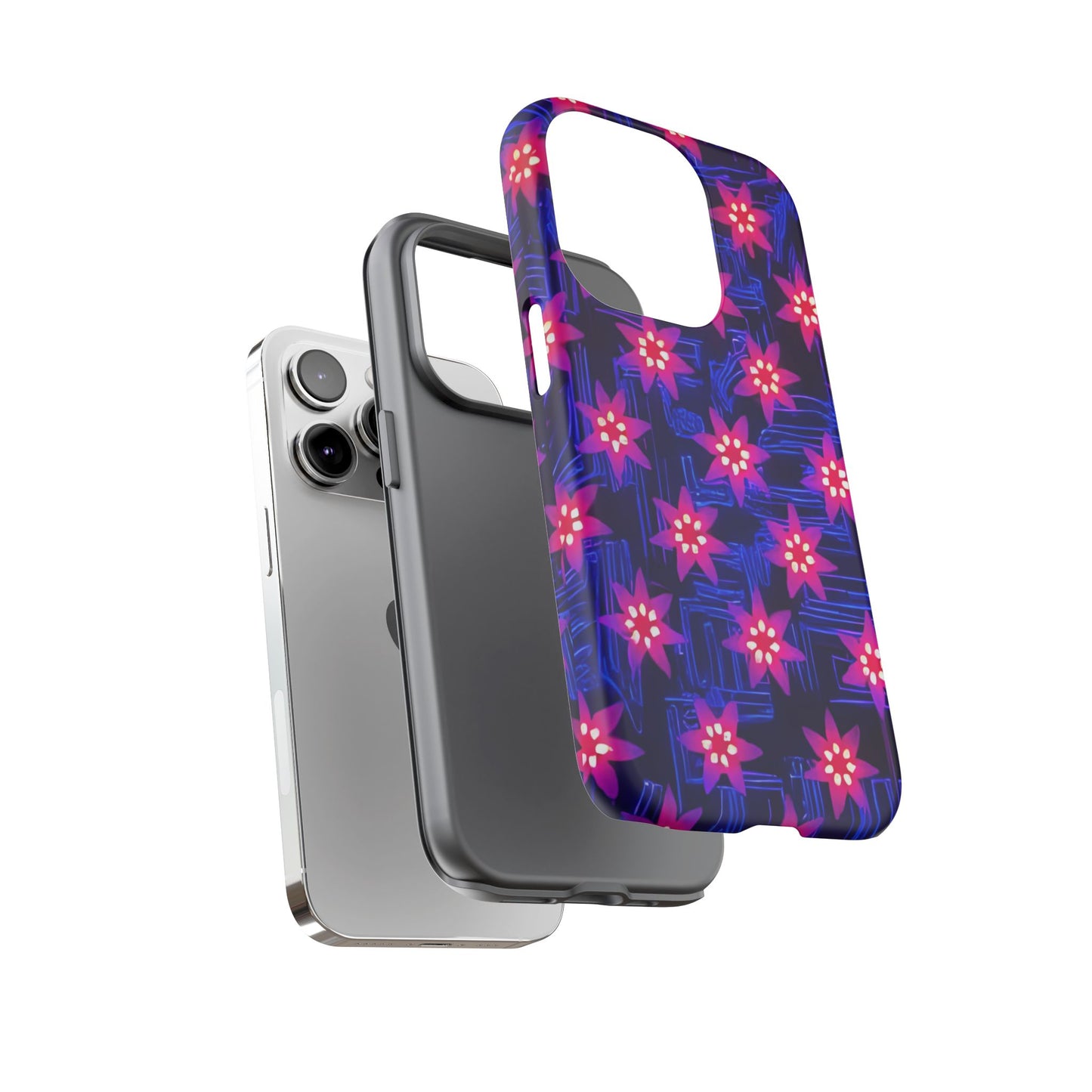 Neon Flower Tough Phone Case - Trippy Dark Floral Art, Electric Glow Aesthetic, Compatible with iPhone, Galaxy, and Google Phones