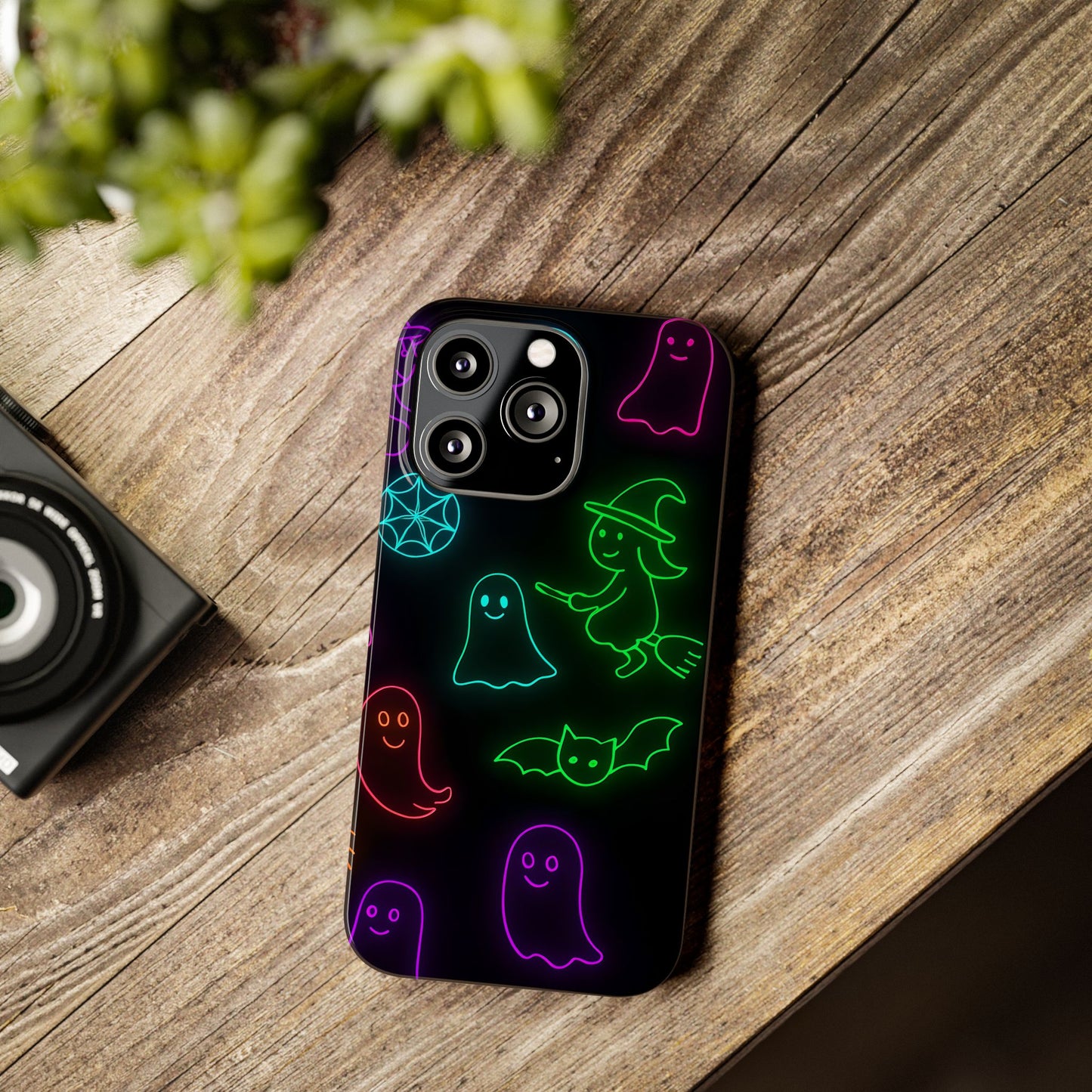 Neon Halloween Phone Case, Cute Ghost Witch Aesthetic Slim Phone Case, Compatible with iPhone, Galaxy, Google