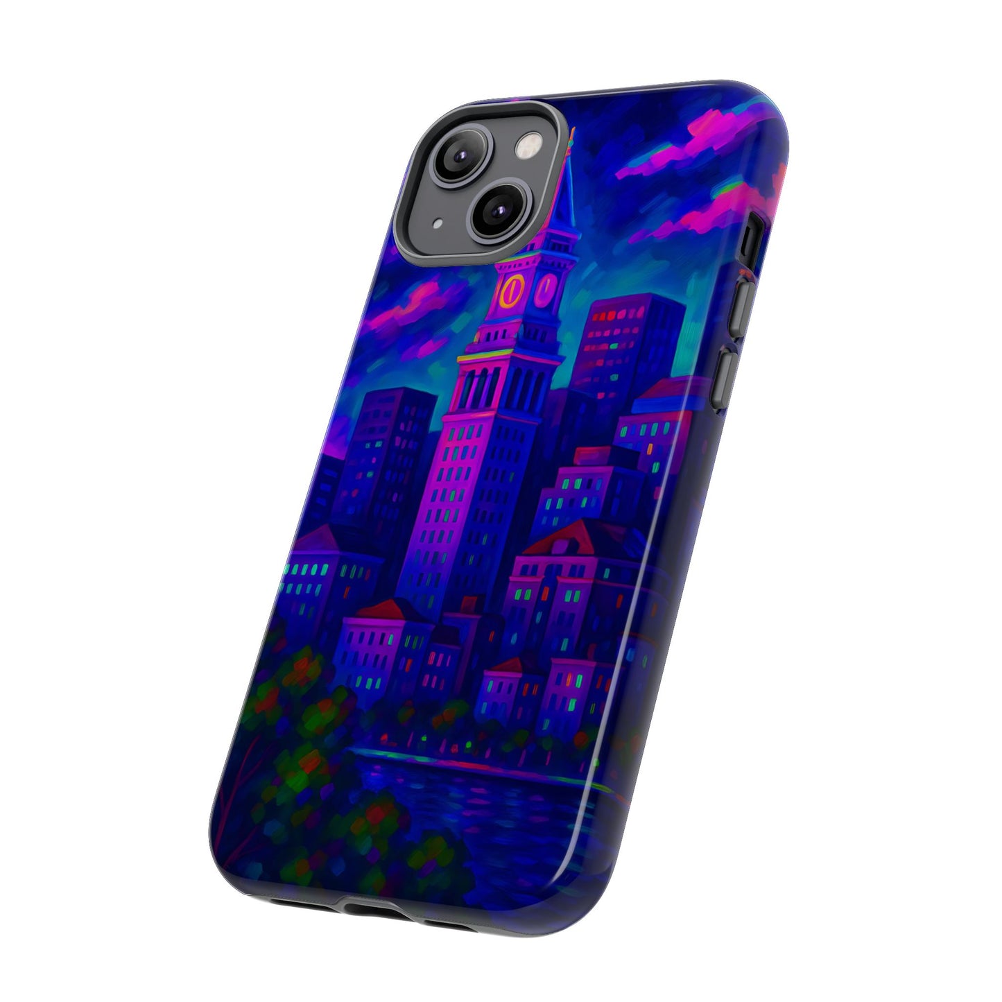 Boston Cityscape Tough Phone Case, Neon Night Skyline, Sunset Tower View Watercolor Urban Art, Compatible with iPhone, Galaxy, Google Phones