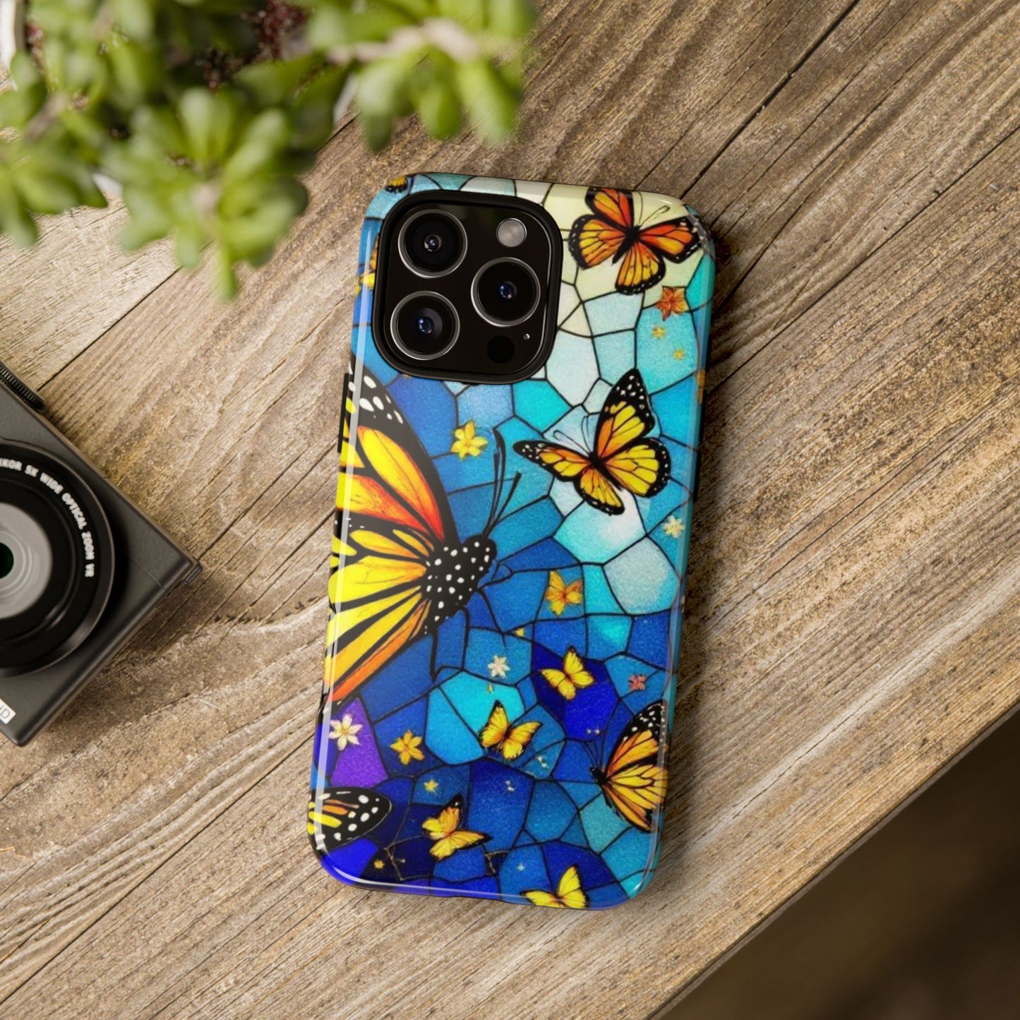 Boho Butterfly Phone Case compatible with iPhone 16 15 14 13 12 11 Pro Max Samsung Pixel Vibrant Blue Stained Glass Monarch Art Gift for Her