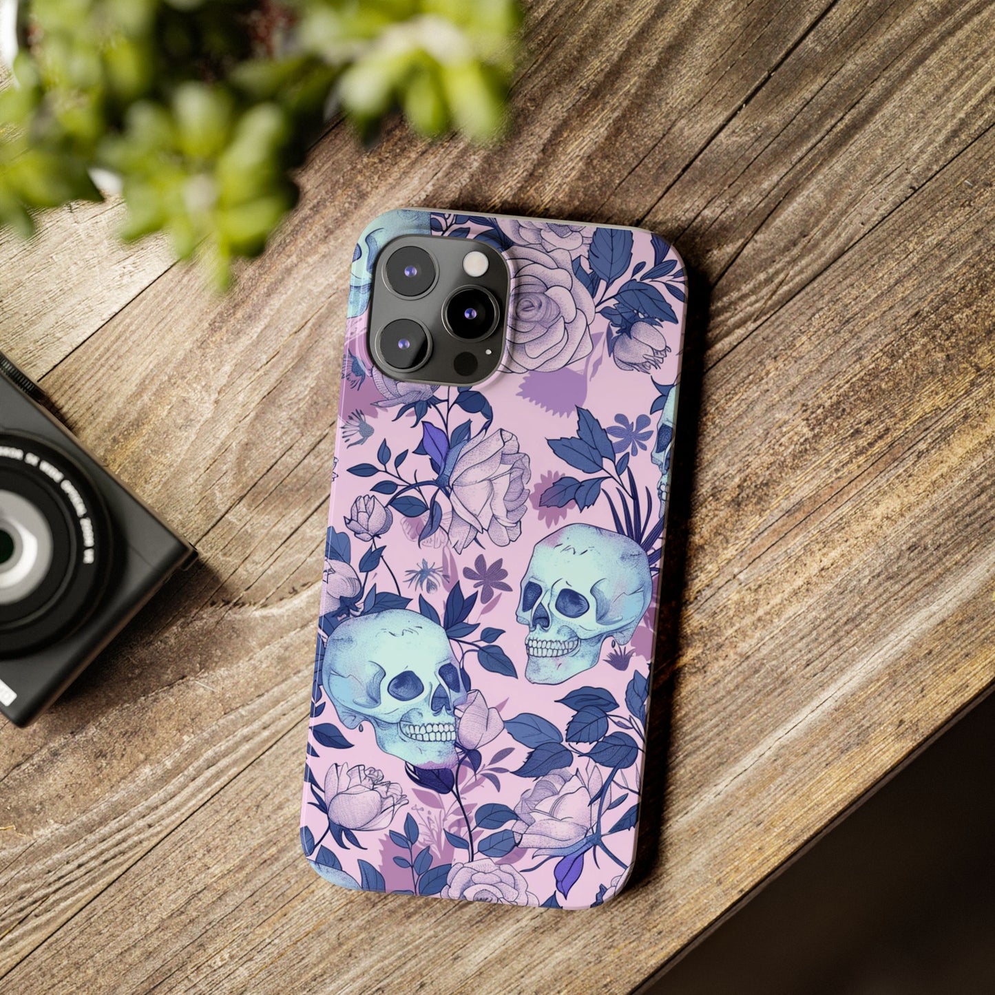 Floral Skull Slim Phone Case - Aesthetic, Trendy, Gift for Goth Lovers, Unique Phone Accessories, Floral Print, Halloween Decor
