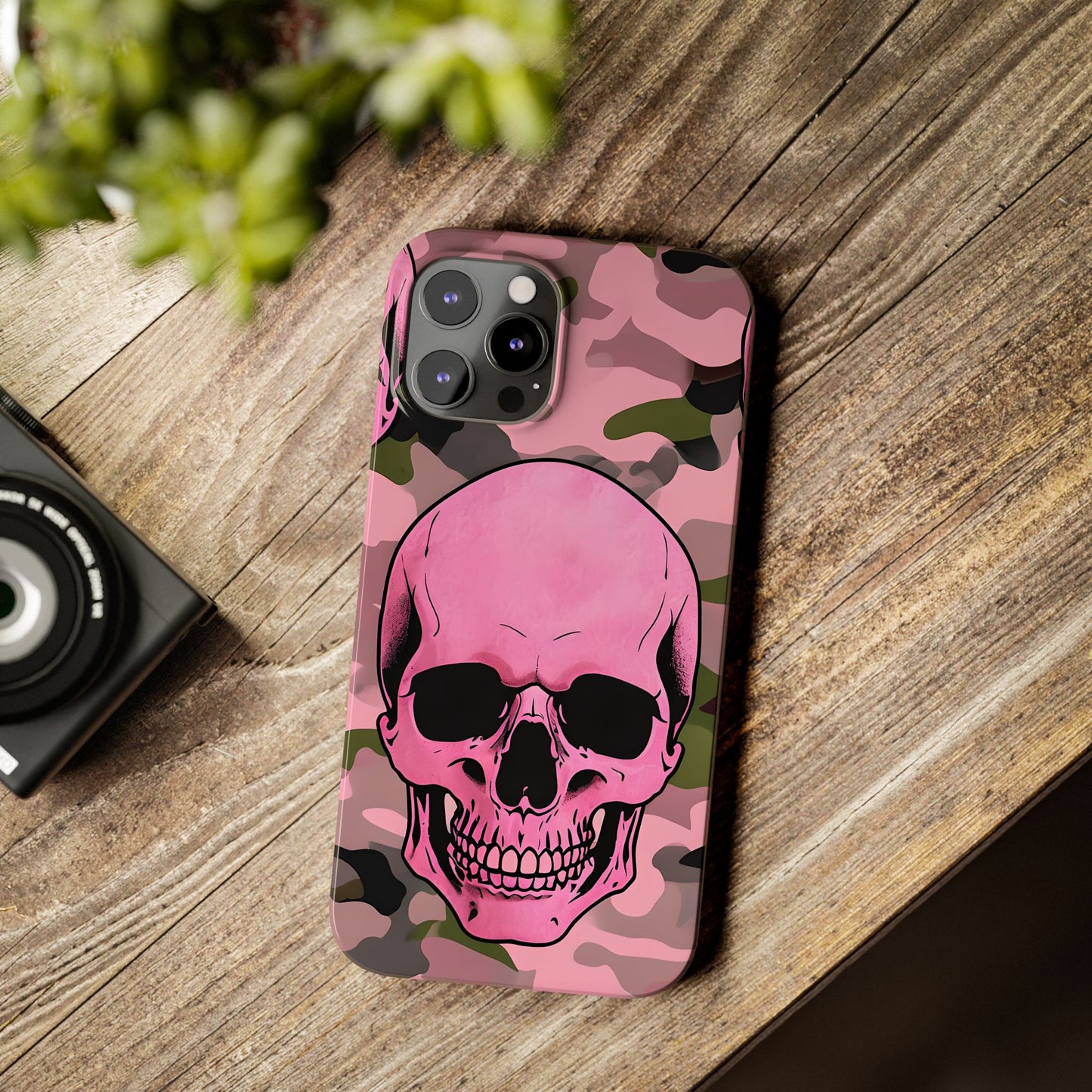 Pink Camo Skull Phone Case, Slim Case for iPhone, Edgy Phone Accessory, Unique Gift for Her, Trendy Tech Lover