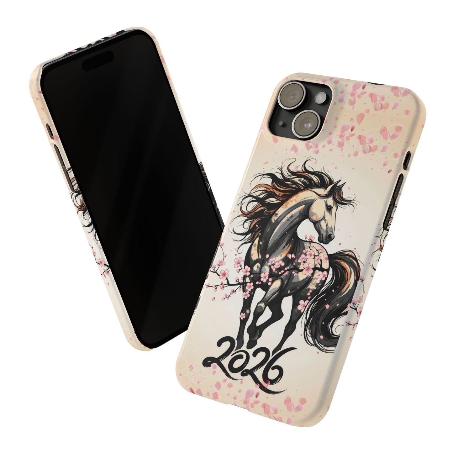 Year of the Horse Floral Art Slim Phone Case, Chinese Zodiac 2026 Design, compatible with iPhone 17 16 15 14 13 12 11