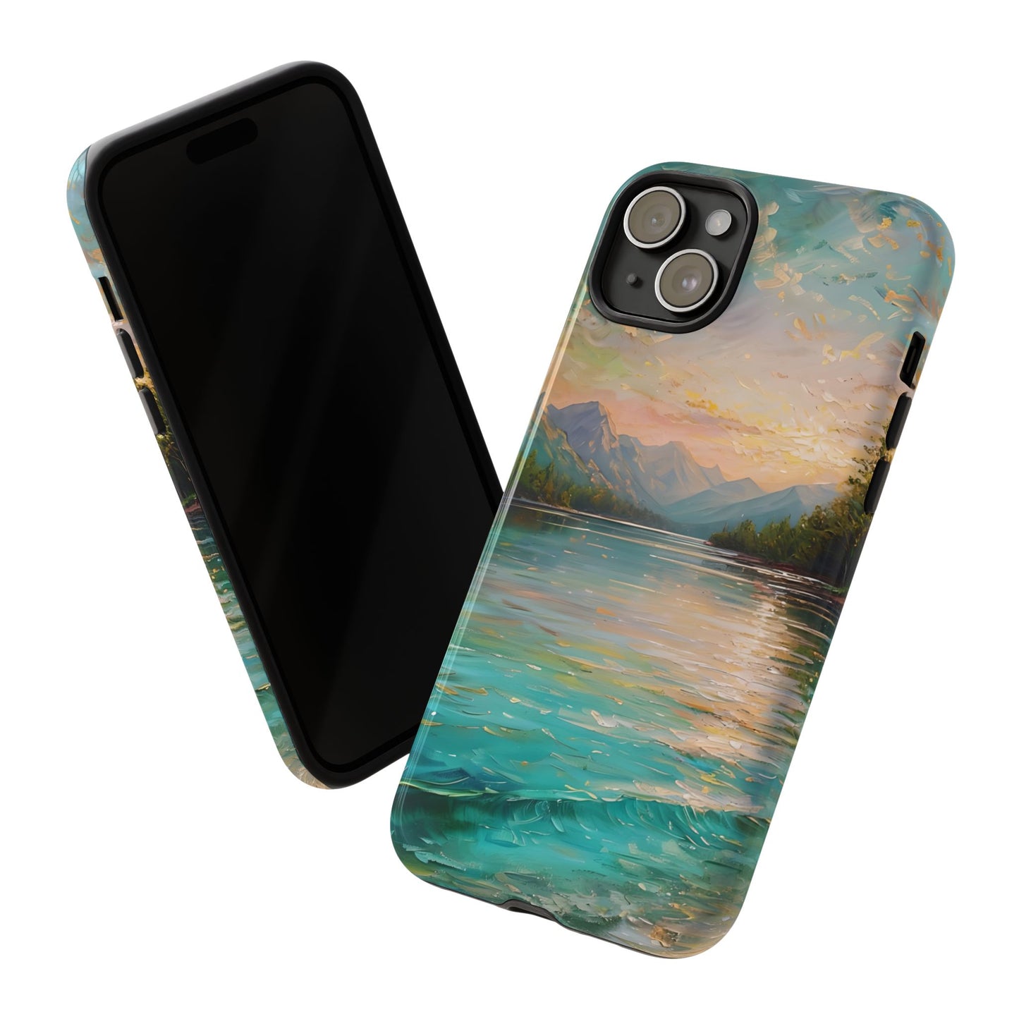 Mountain Lake Scenery Tough Phone Case, Oil Painting Phone Cover, Calm Water Scene Compatible with iPhone 17, 16, 15, 14, 13, Galaxy, Google