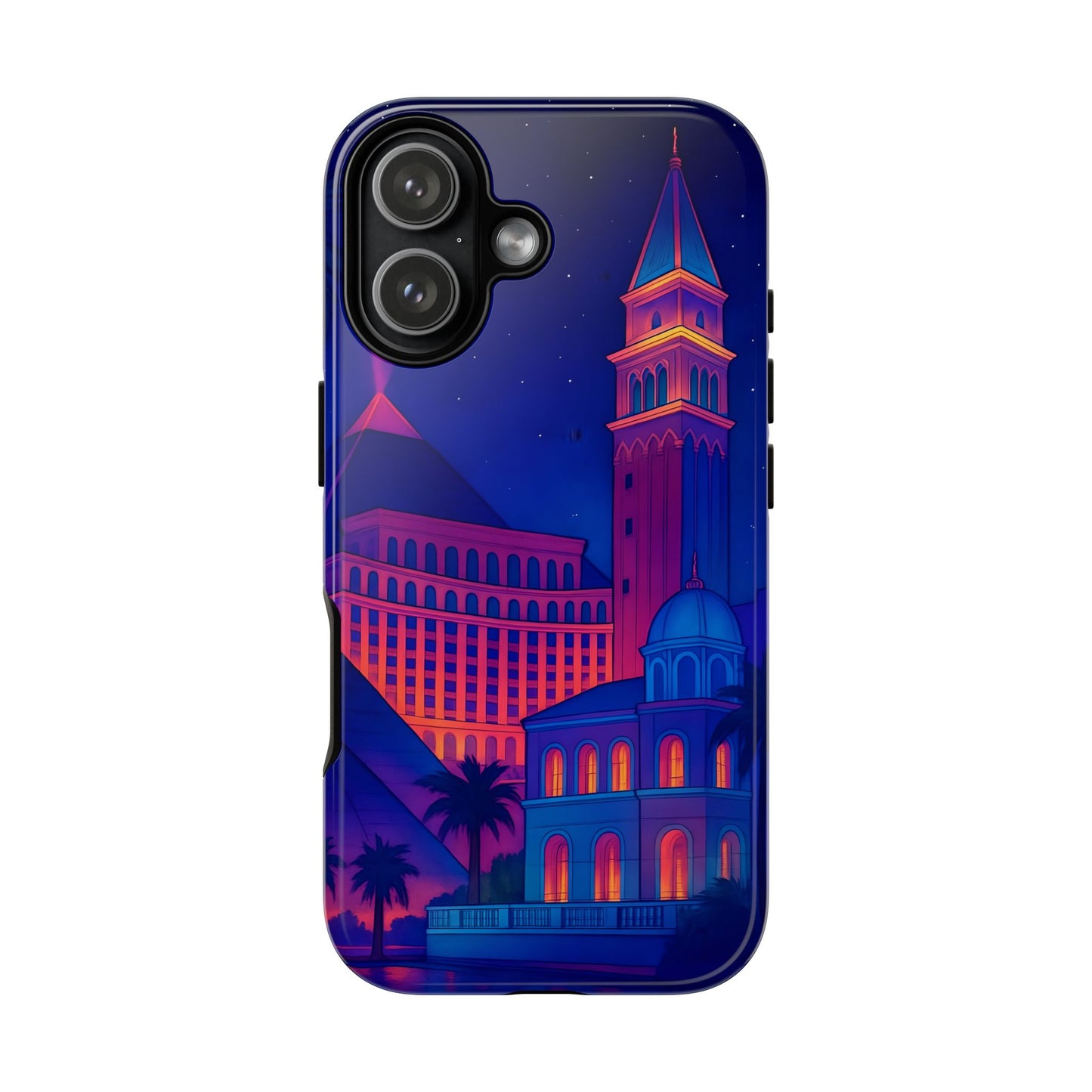 Cityscape Tough Phone Case, Las Vegas Strip Skyline Phone Cover, Neon Night Design, Compatible with iPhone, Galaxy & Google