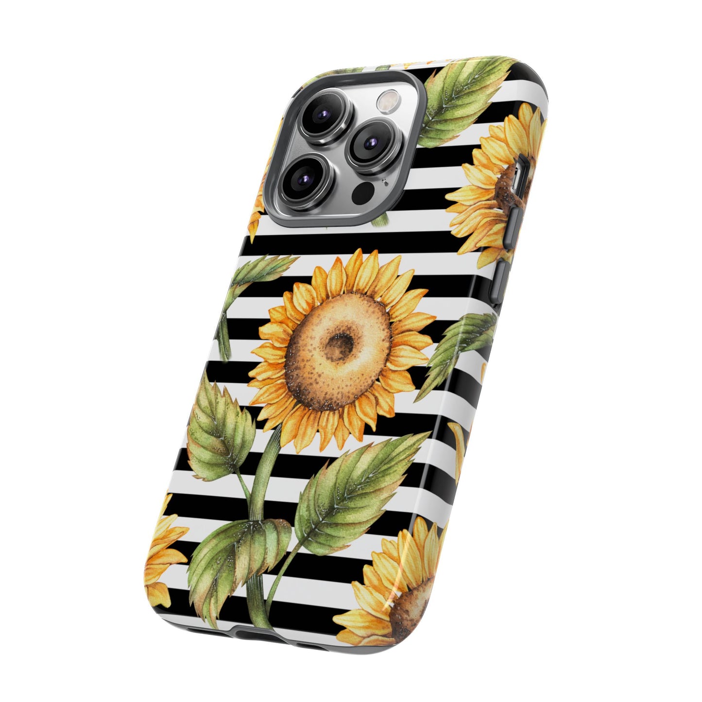 Sunflower Tough Phone Case - Bold Yellow Floral Art, Black and White Striped Aesthetic, Compatible with iPhone, Galaxy, and Google Phones