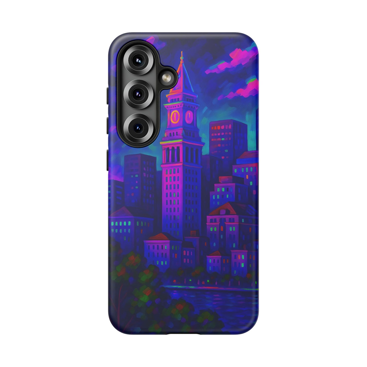 Boston Cityscape Tough Phone Case, Neon Night Skyline, Sunset Tower View Watercolor Urban Art, Compatible with iPhone, Galaxy, Google Phones