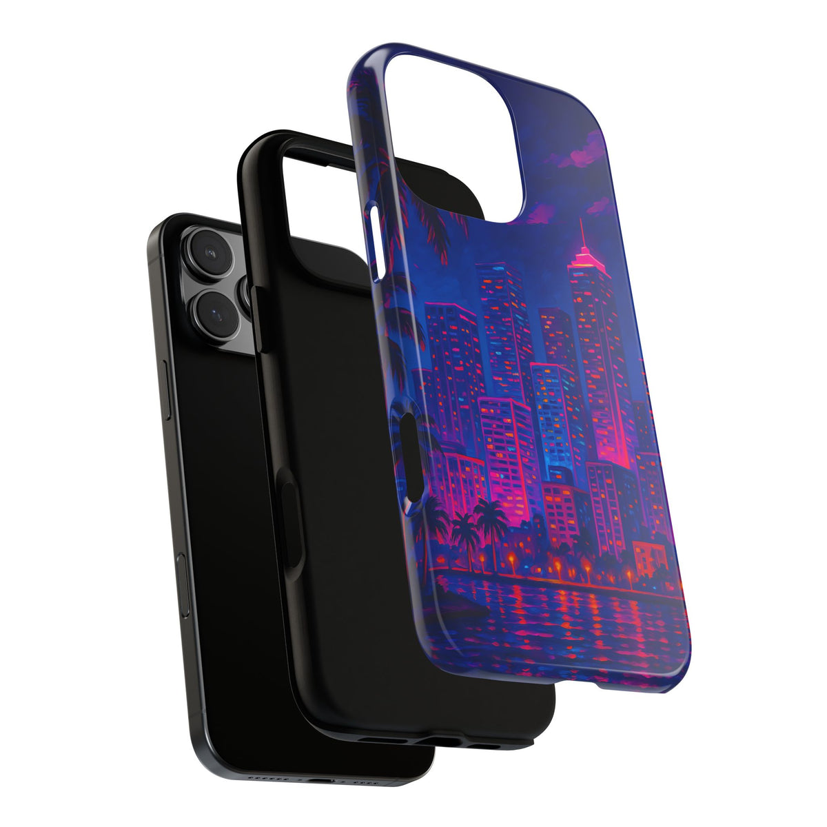 Cityscape Tough Phone Case, Miami Skyline Phone Cover, Neon Night Design Compatible with iPhone, Galaxy & Google