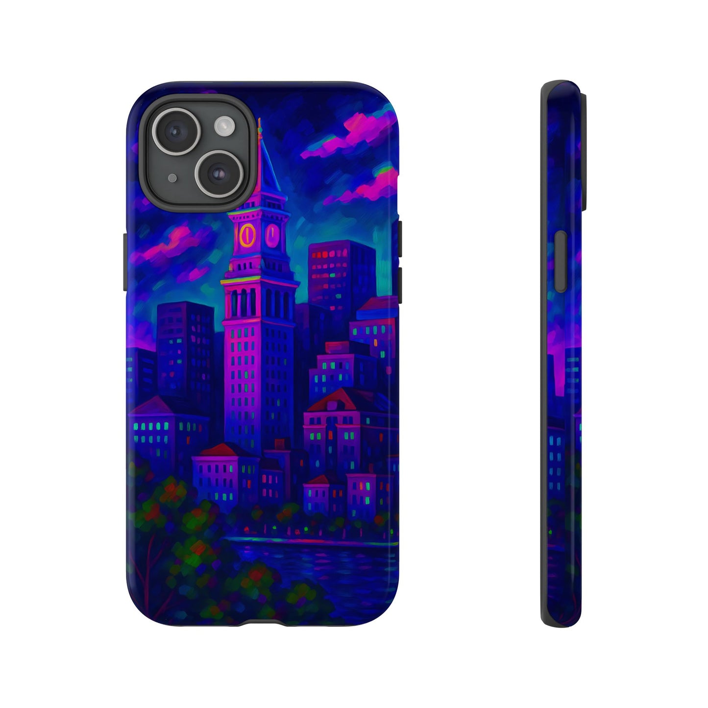 Boston Cityscape Tough Phone Case, Neon Night Skyline, Sunset Tower View Watercolor Urban Art, Compatible with iPhone, Galaxy, Google Phones