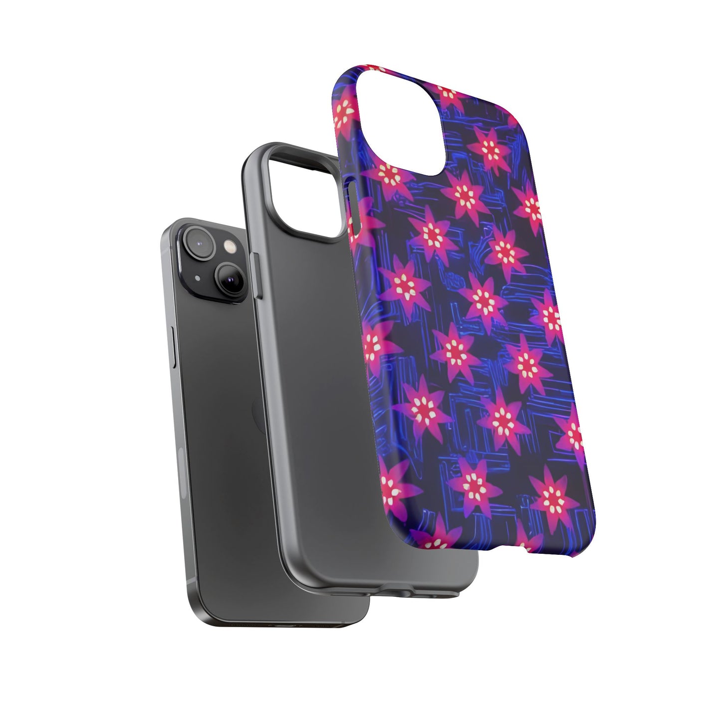 Neon Flower Tough Phone Case - Trippy Dark Floral Art, Electric Glow Aesthetic, Compatible with iPhone, Galaxy, and Google Phones