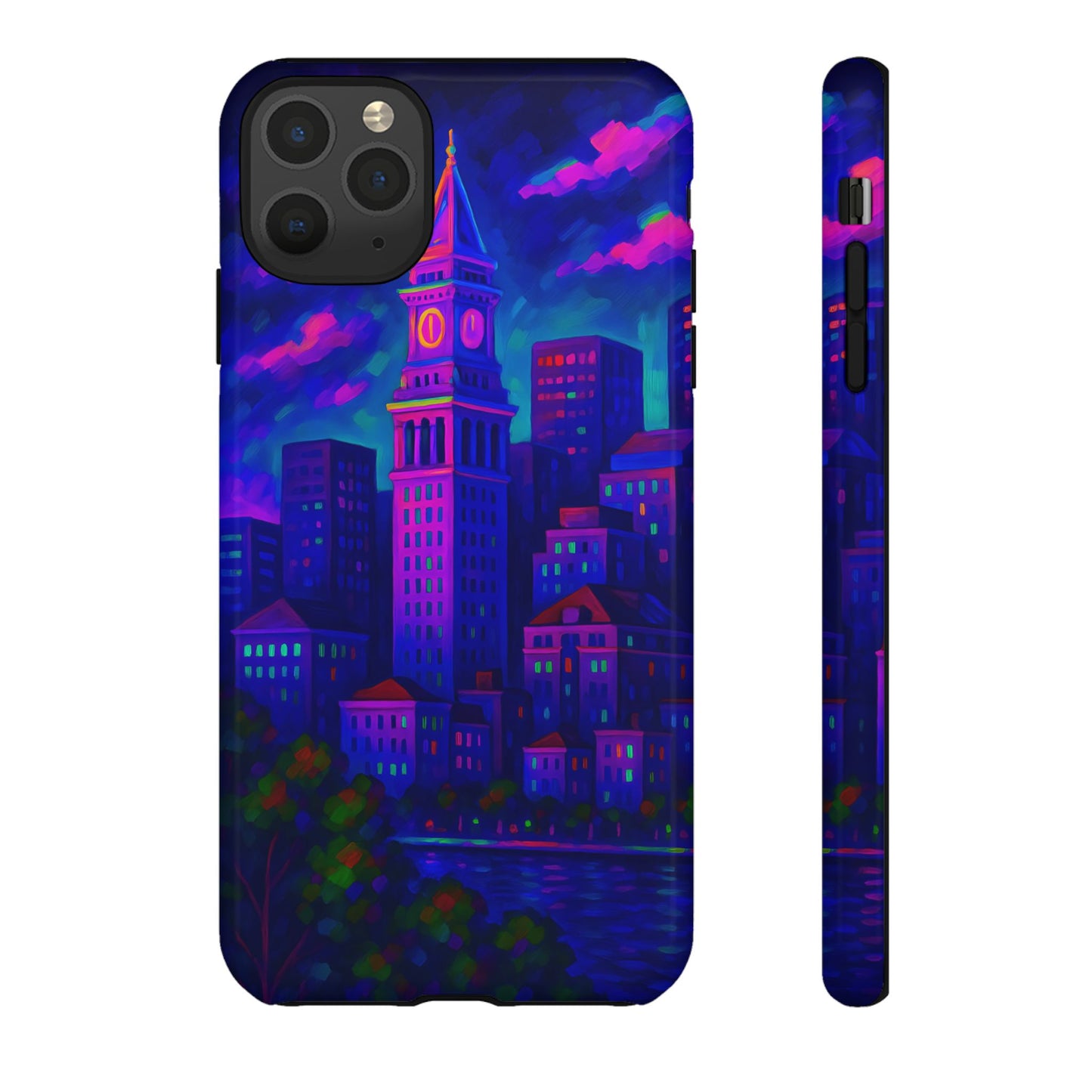 Boston Cityscape Tough Phone Case, Neon Night Skyline, Sunset Tower View Watercolor Urban Art, Compatible with iPhone, Galaxy, Google Phones