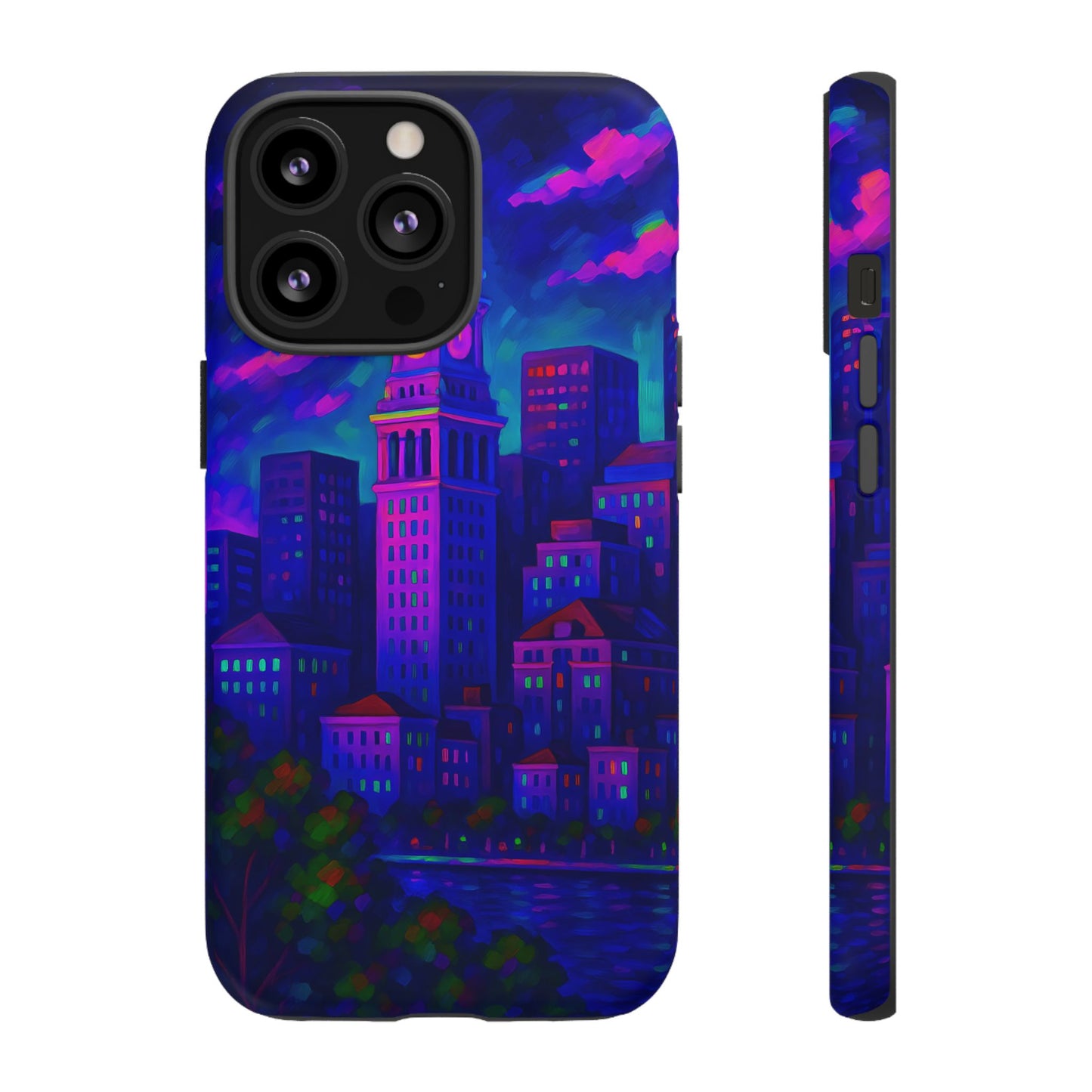 Boston Cityscape Tough Phone Case, Neon Night Skyline, Sunset Tower View Watercolor Urban Art, Compatible with iPhone, Galaxy, Google Phones