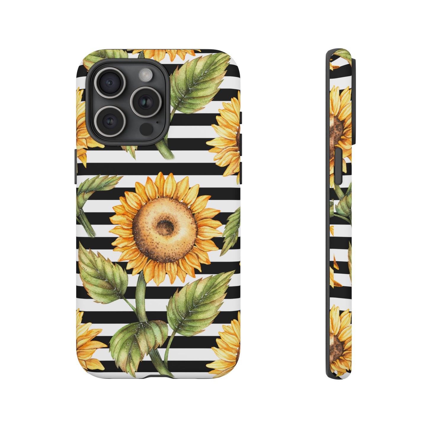 Sunflower Tough Phone Case - Bold Yellow Floral Art, Black and White Striped Aesthetic, Compatible with iPhone, Galaxy, and Google Phones