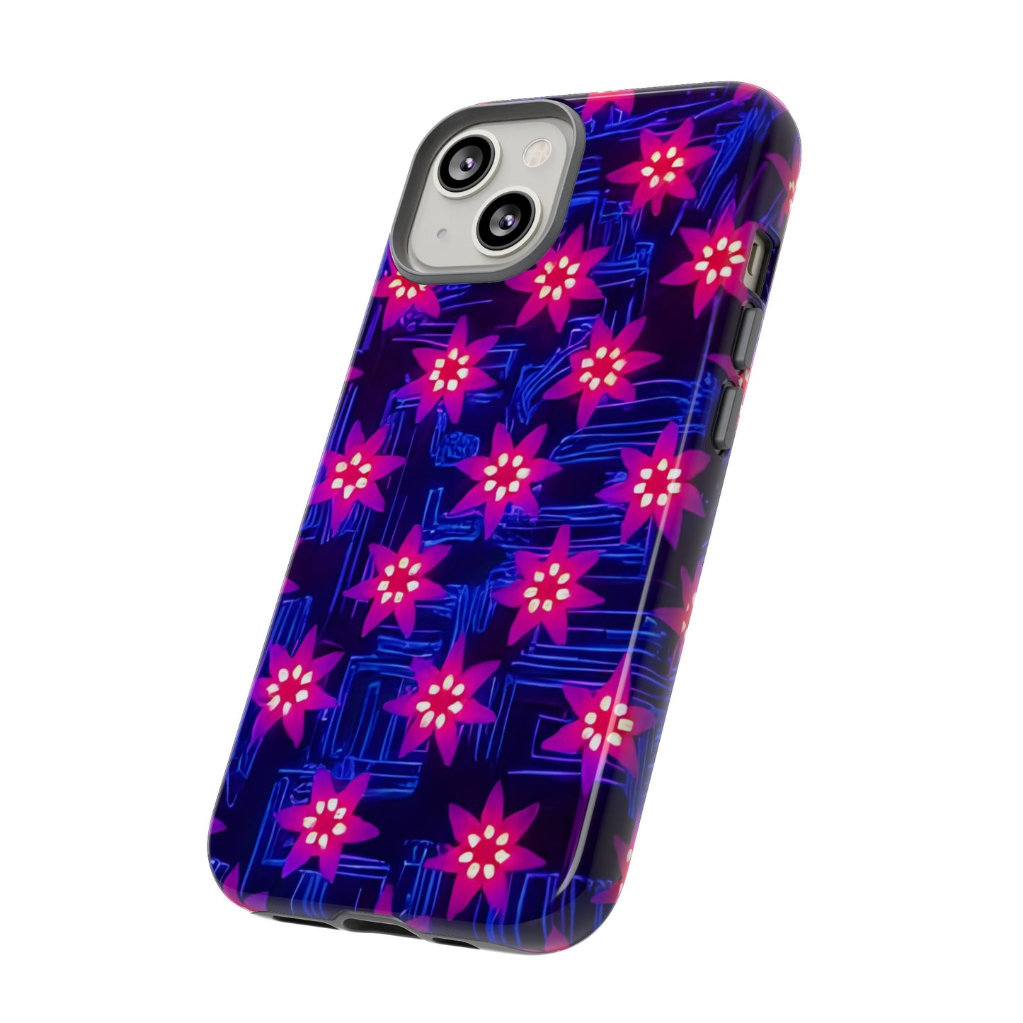 Neon Flower Tough Phone Case - Trippy Dark Floral Art, Electric Glow Aesthetic, Compatible with iPhone, Galaxy, and Google Phones