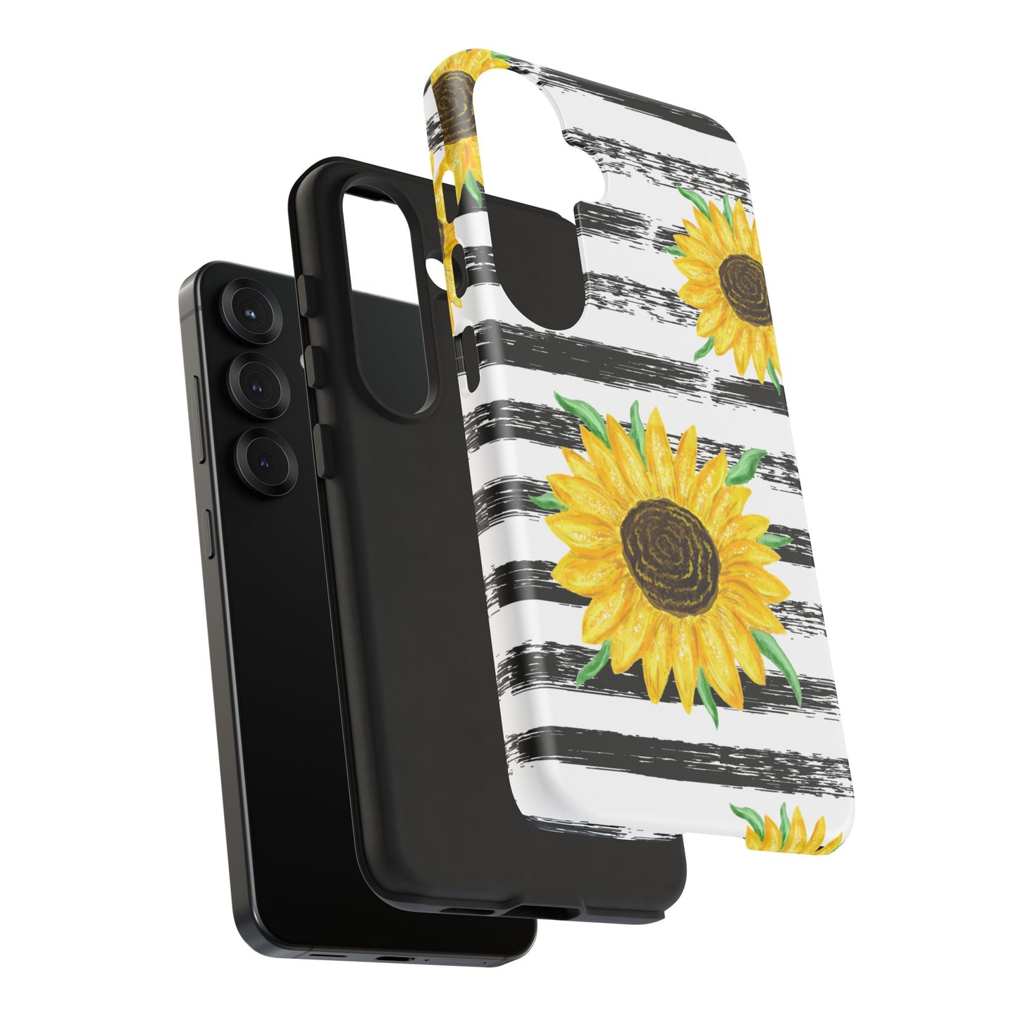 Sunflower Tough Phone Case - Bright Yellow Floral Art, Black and White Striped Aesthetic, Compatible with iPhone, Galaxy, and Google Phones