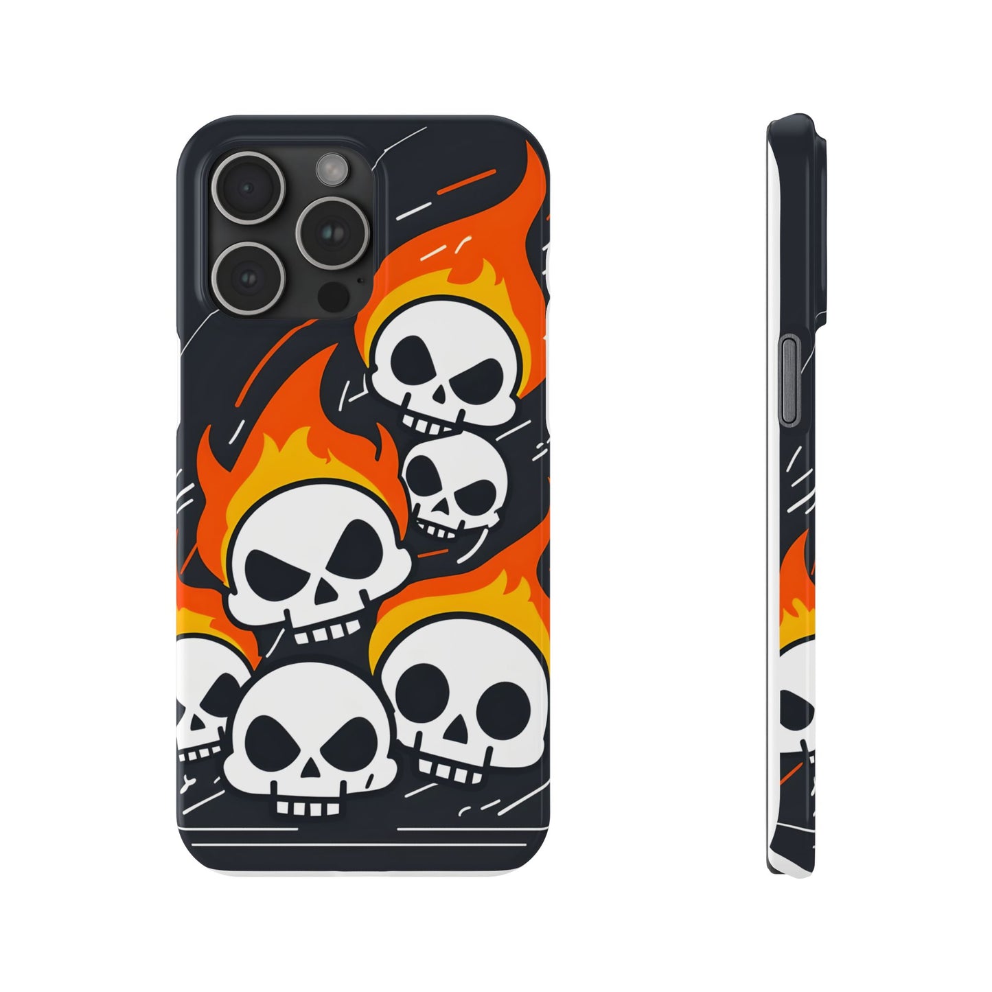 Flaming Skulls Slim Phone Case, Y2K Alt Halloween Aesthetic, Creepy Cute Cartoon Style, Stylish Music Lovers, Perfect Gift for Halloween
