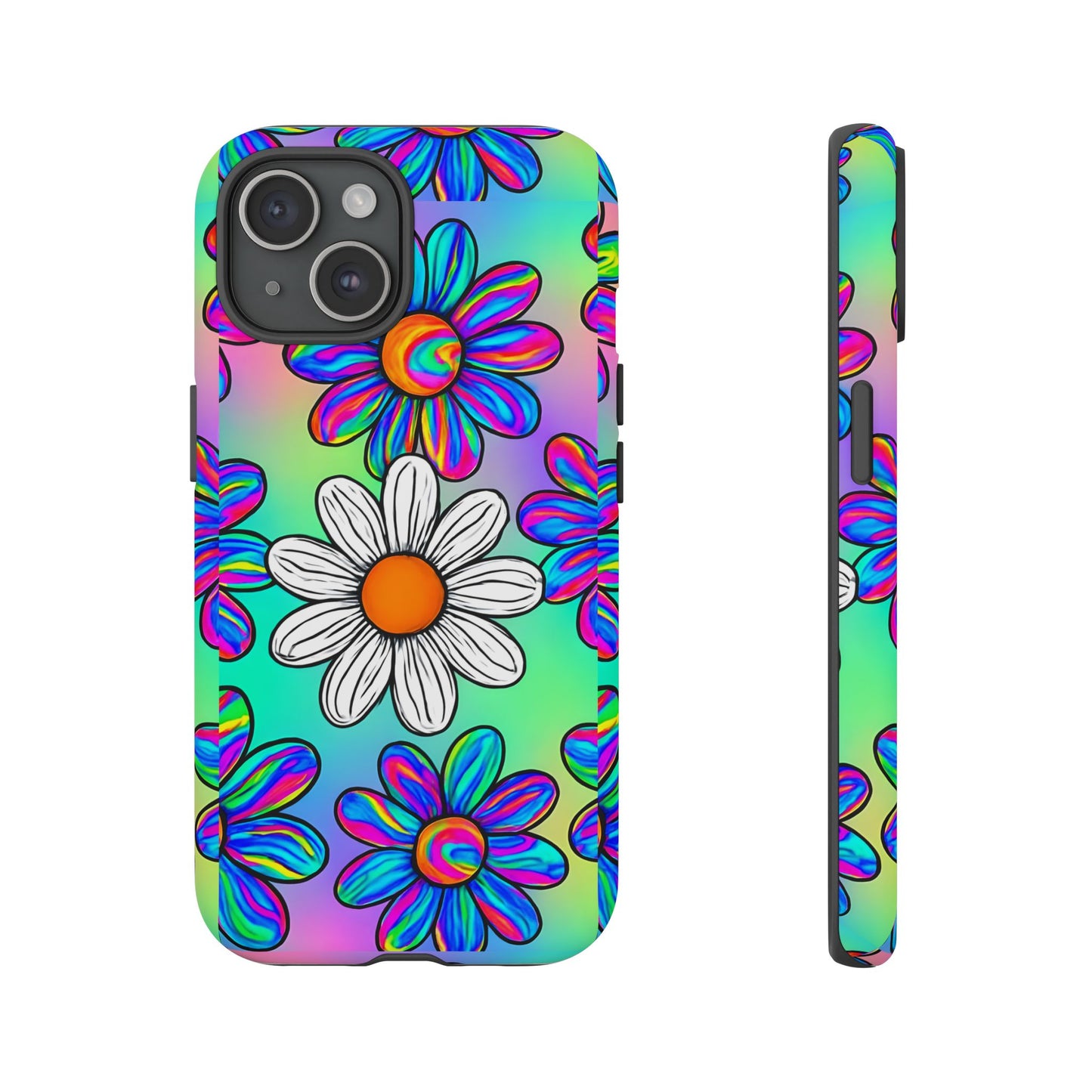 Trippy Daisy Tough Phone Case - Psychedelic Floral Design, Colorful Retro Aesthetic, Compatible with iPhone, Galaxy, and Google Phones