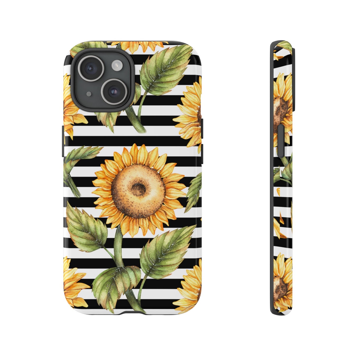 Sunflower Tough Phone Case - Bold Yellow Floral Art, Black and White Striped Aesthetic, Compatible with iPhone, Galaxy, and Google Phones