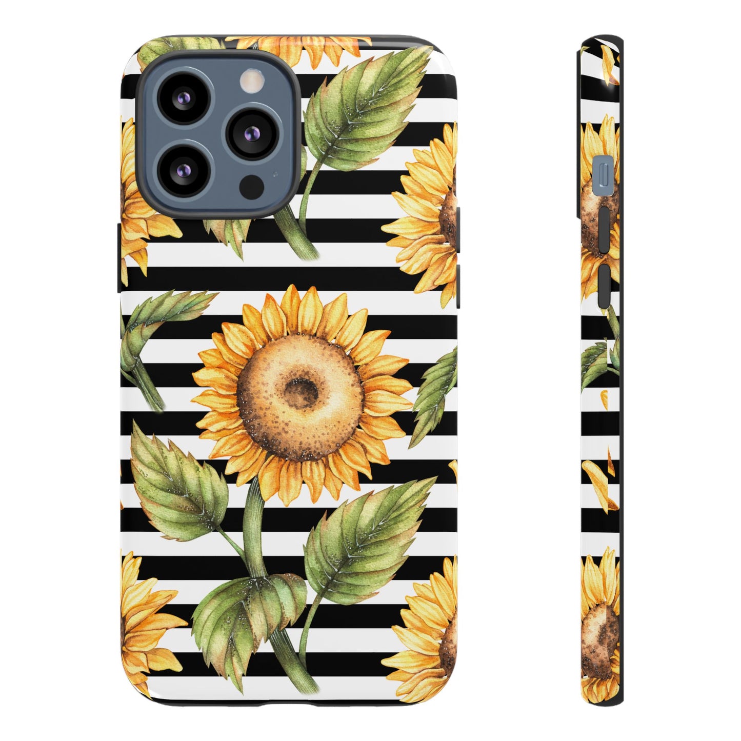 Sunflower Tough Phone Case - Bold Yellow Floral Art, Black and White Striped Aesthetic, Compatible with iPhone, Galaxy, and Google Phones
