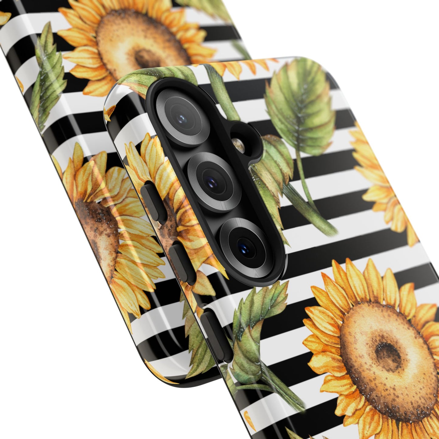 Sunflower Tough Phone Case - Bold Yellow Floral Art, Black and White Striped Aesthetic, Compatible with iPhone, Galaxy, and Google Phones