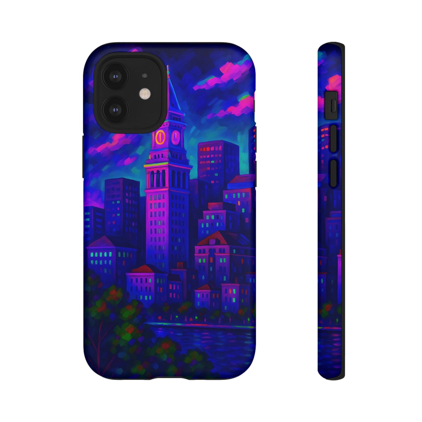 Boston Cityscape Tough Phone Case, Neon Night Skyline, Sunset Tower View Watercolor Urban Art, Compatible with iPhone, Galaxy, Google Phones