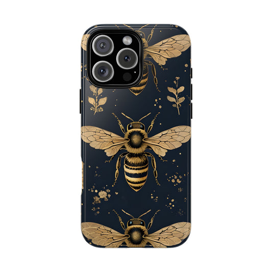 Gold Bee Phone Case, Dark Floral Phone Cover with Bees and Wildflower, Vintage Nature Aesthetic Case, Elegant Gift for Her, Gardencore Style