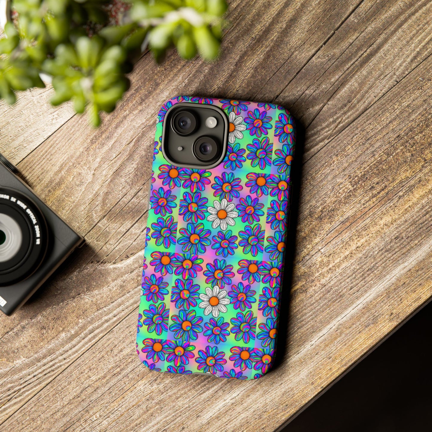Trippy Daisy Tough Phone Case - Psychedelic Floral Aesthetic, Colorful Groovy Design, Compatible with iPhone, Galaxy, and Google Phones